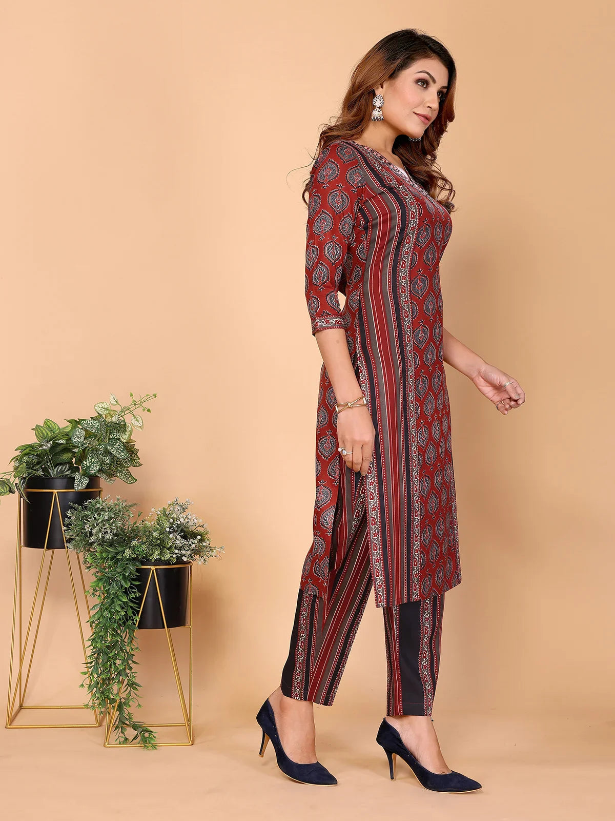 Buy Rayon Embroidered Straight Calf Length Kurta with Pant-Maroon
