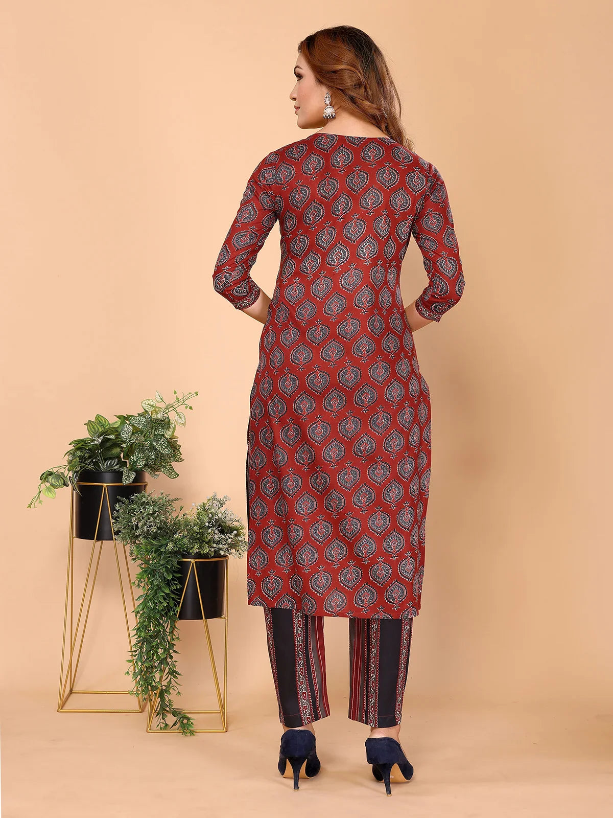 Buy Rayon Embroidered Straight Calf Length Kurta with Pant-Maroon