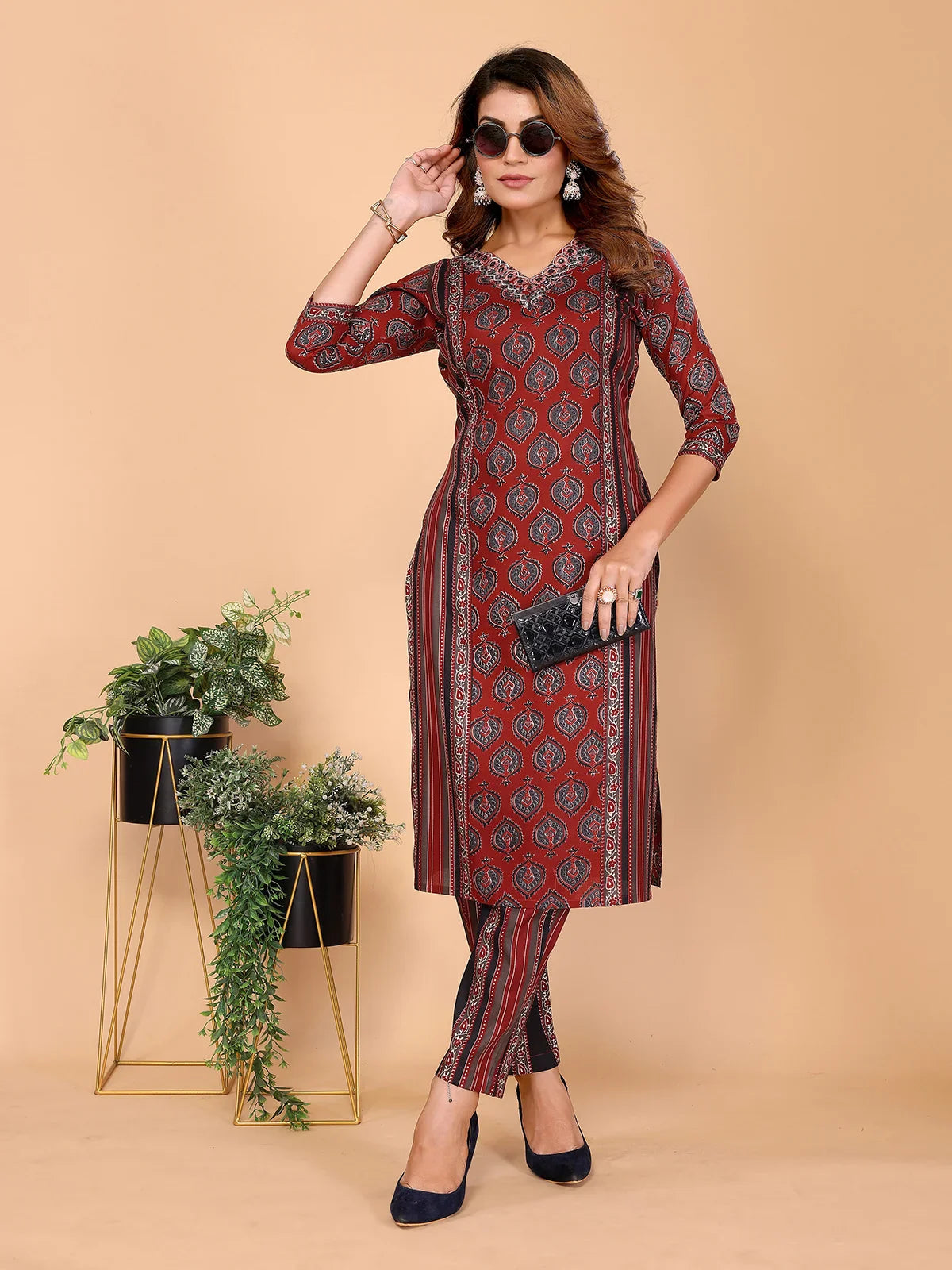 Buy Rayon Embroidered Straight Calf Length Kurta with Pant-Maroon