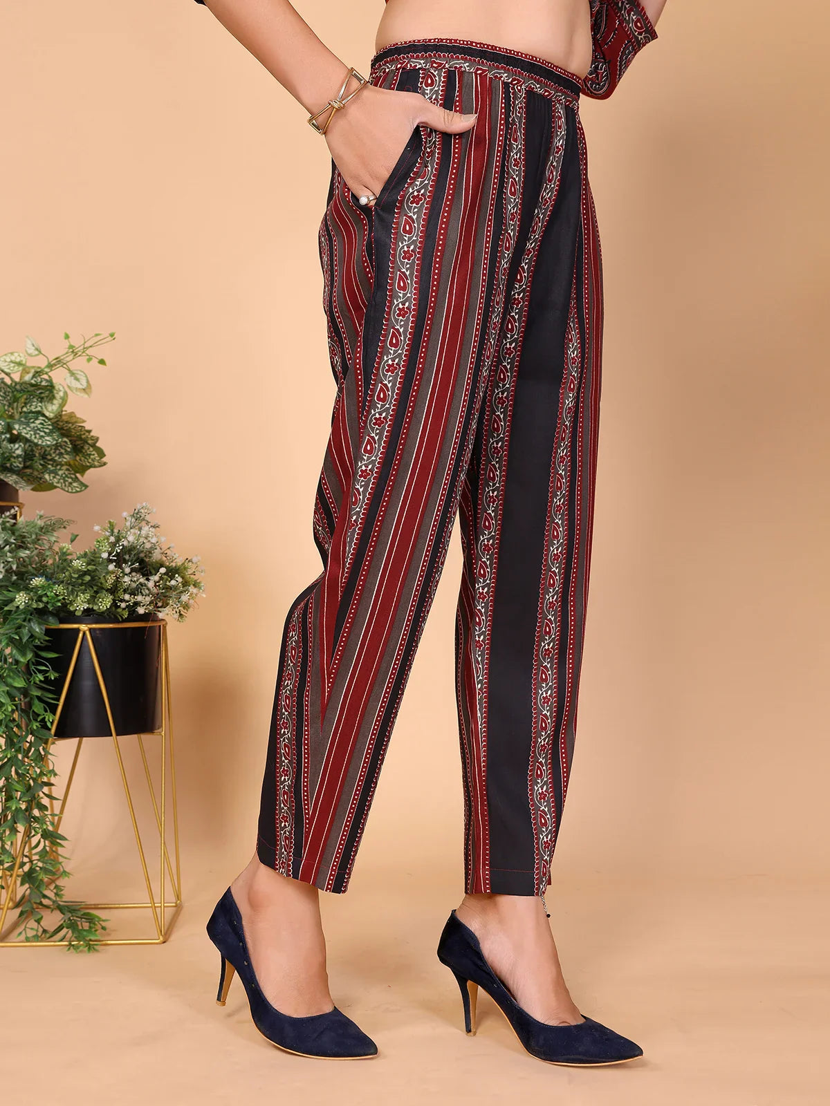 Buy Rayon Embroidered Straight Calf Length Kurta with Pant-Maroon