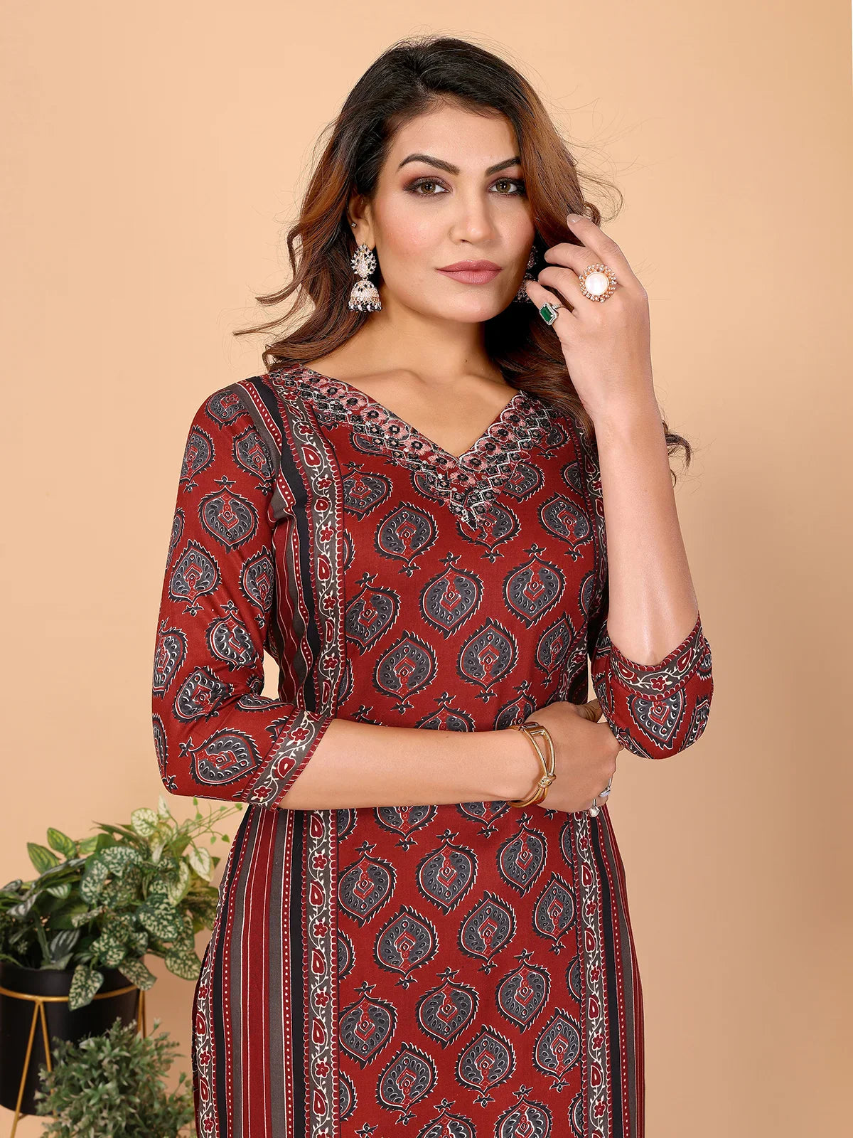 Buy Rayon Embroidered Straight Calf Length Kurta with Pant-Maroon