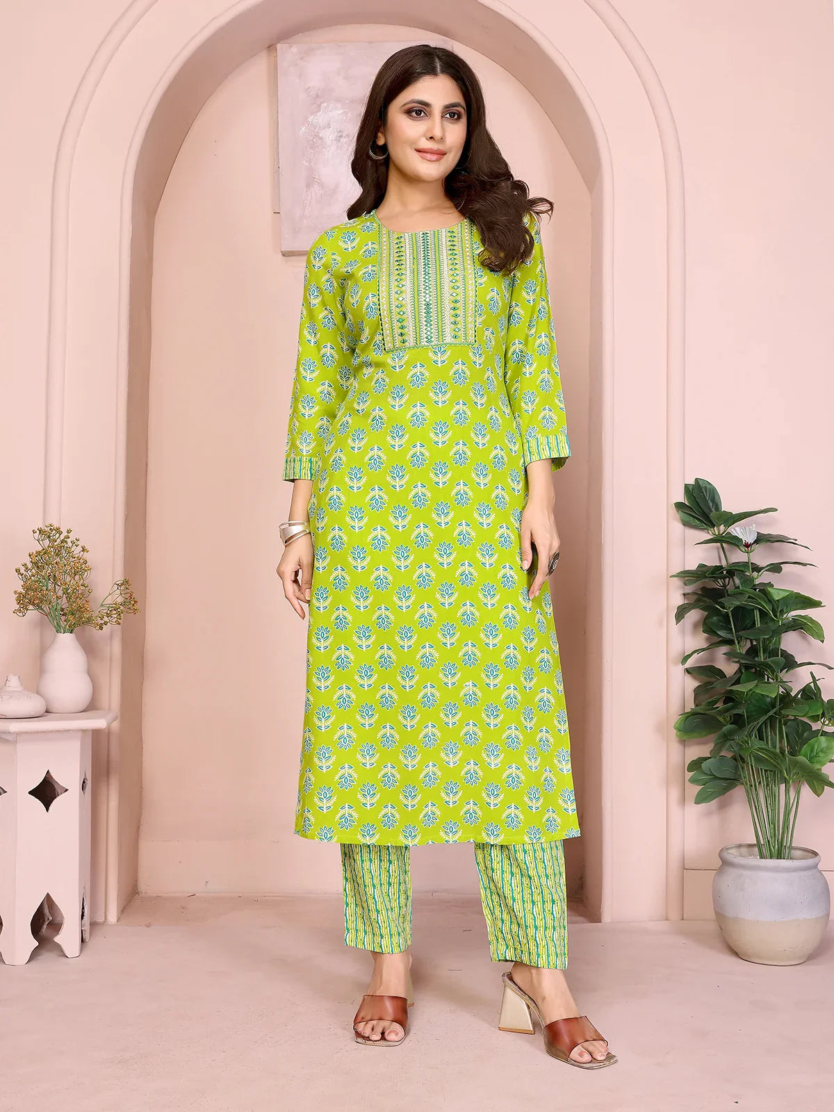 Buy Rayon Embroidered Straight Calf Length Kurta with Pant-Green