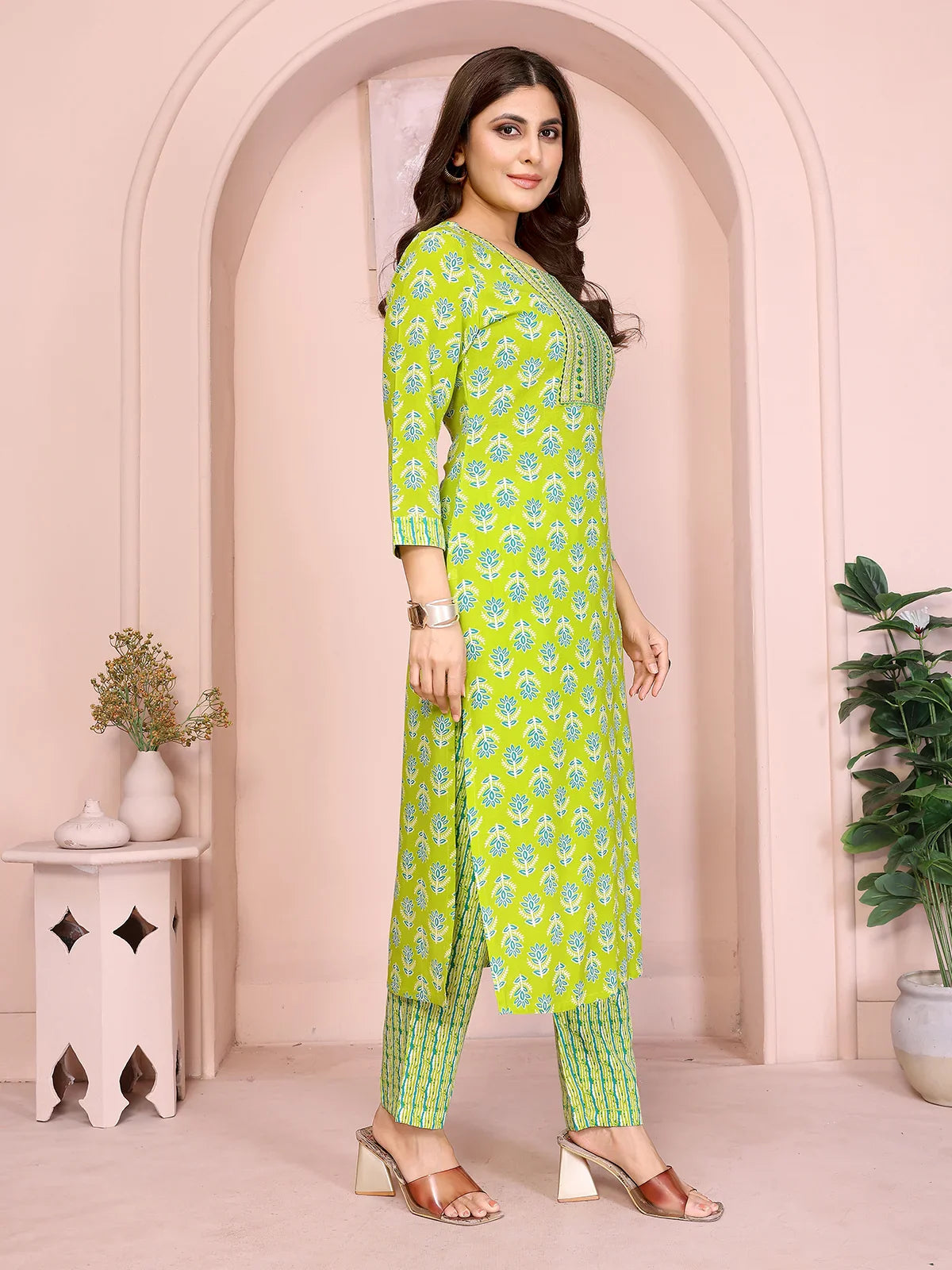 Buy Rayon Embroidered Straight Calf Length Kurta with Pant-Green