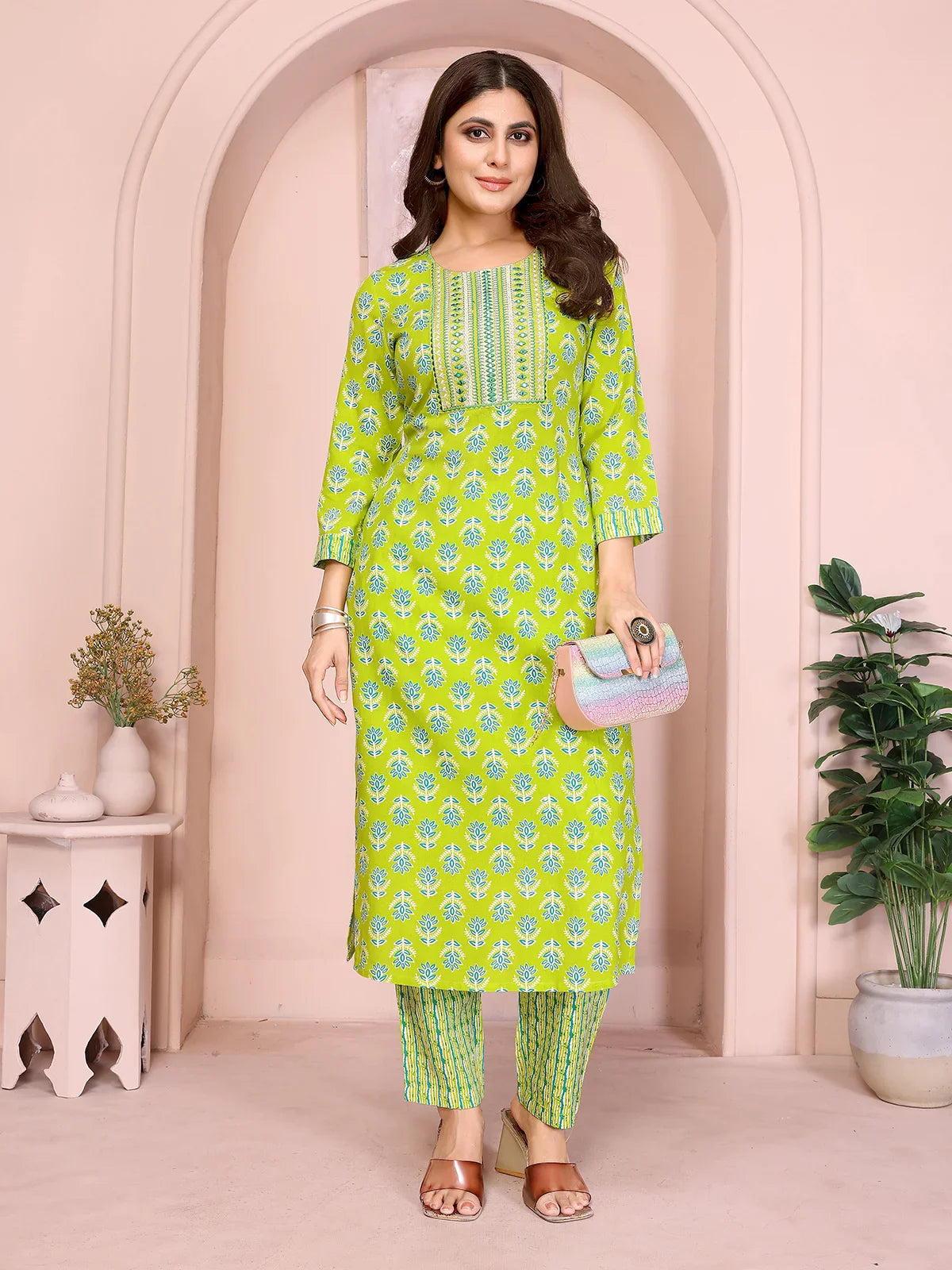 Buy Rayon Embroidered Straight Calf Length Kurta with Pant-Green
