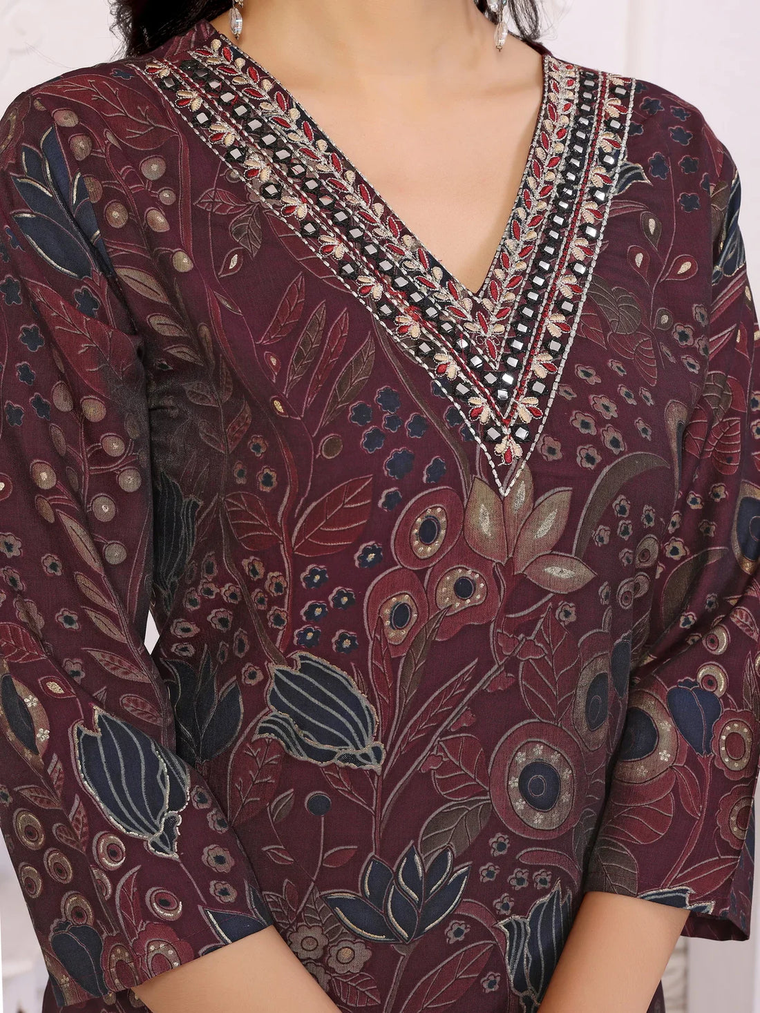 Buy Viscose Embroidered Straight Calf Length Kurta with Pant-Wine