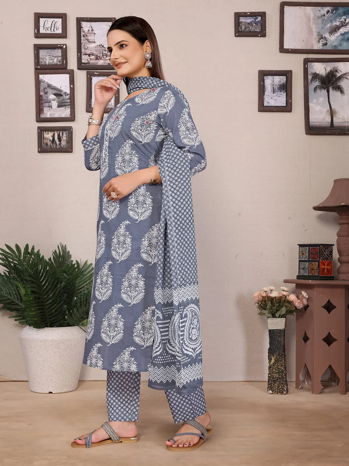 Buy Cotton Embellished Straight Calf Length Kurta with Pant and Dupatta-Grey