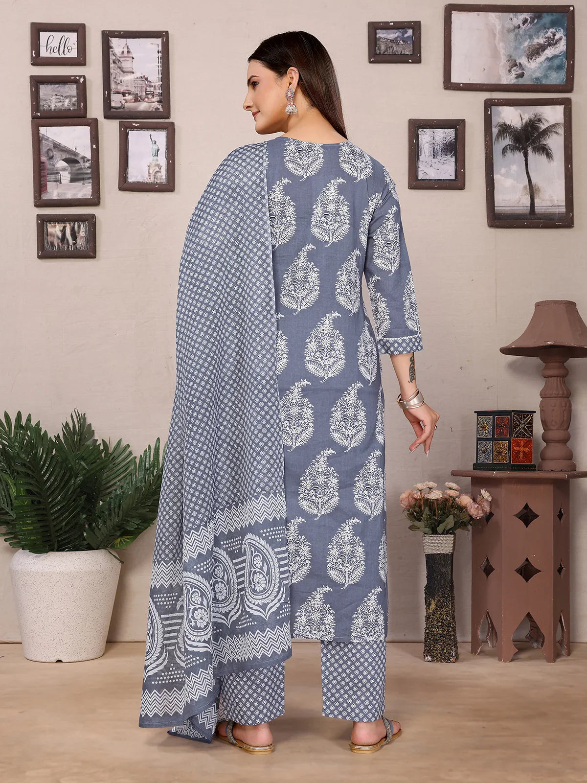 Buy Cotton Embellished Straight Calf Length Kurta with Pant and Dupatta-Grey