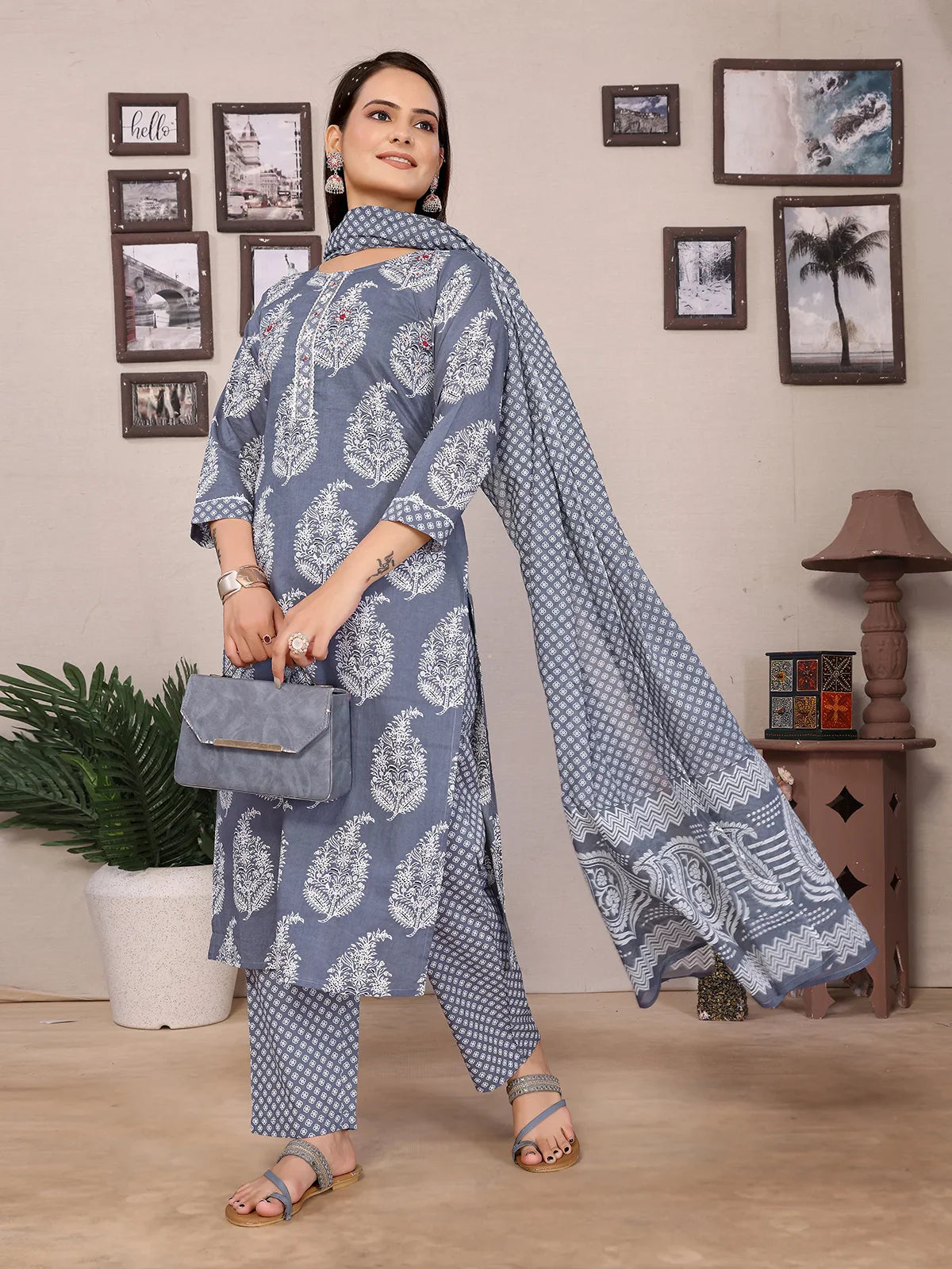 Buy Cotton Embellished Straight Calf Length Kurta with Pant and Dupatta-Grey