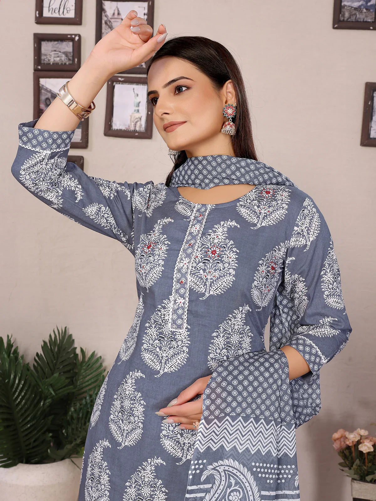Buy Cotton Embellished Straight Calf Length Kurta with Pant and Dupatta-Grey