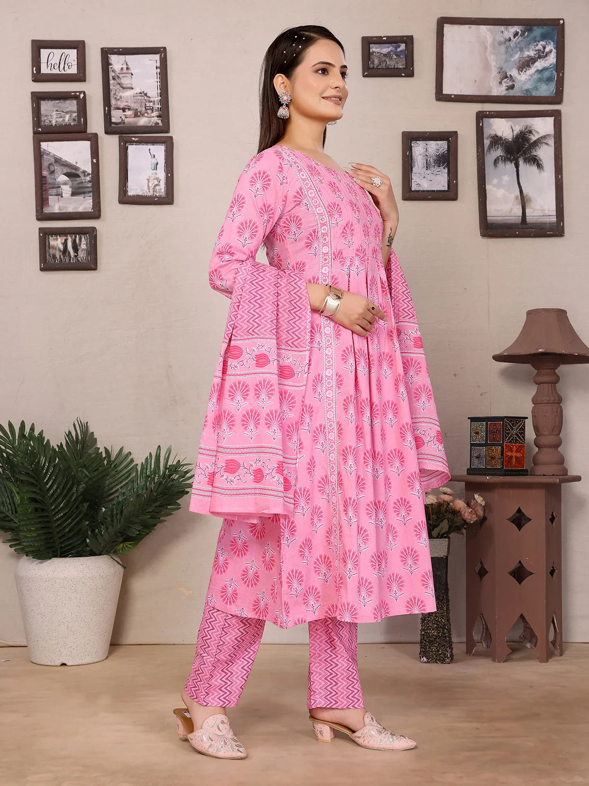 Buy Cotton Embroidered A-line Calf Length Kurta with Pant and Dupatta-Light Pink