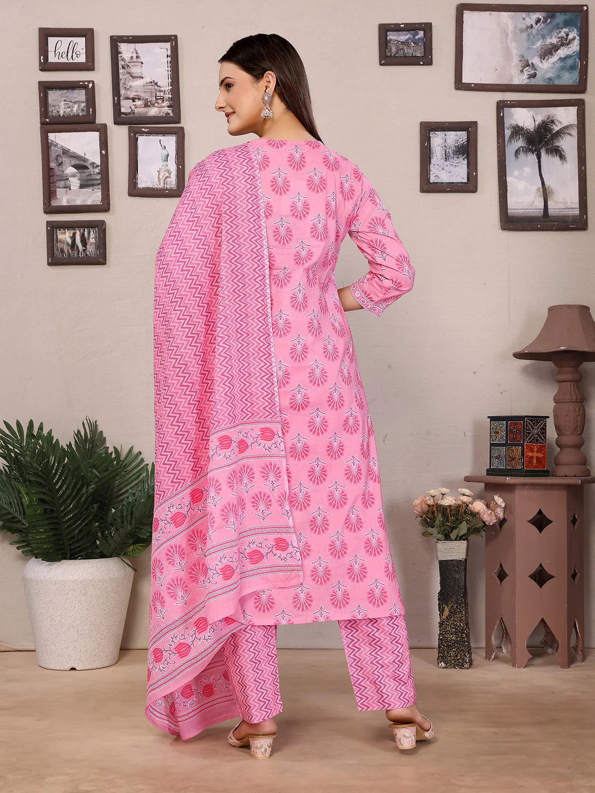 Buy Cotton Embroidered A-line Calf Length Kurta with Pant and Dupatta-Light Pink