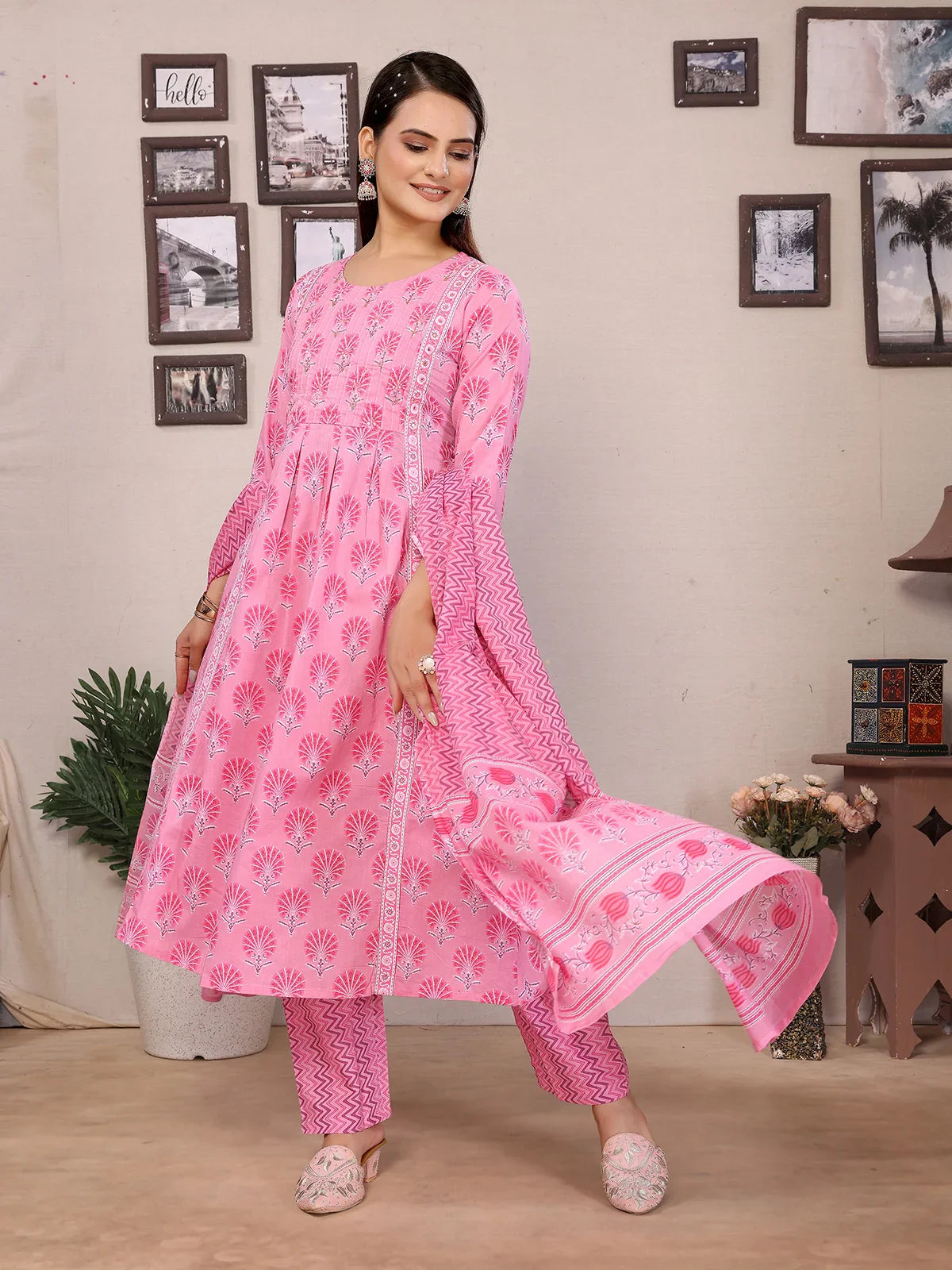 Buy Cotton Embroidered A-line Calf Length Kurta with Pant and Dupatta-Light Pink