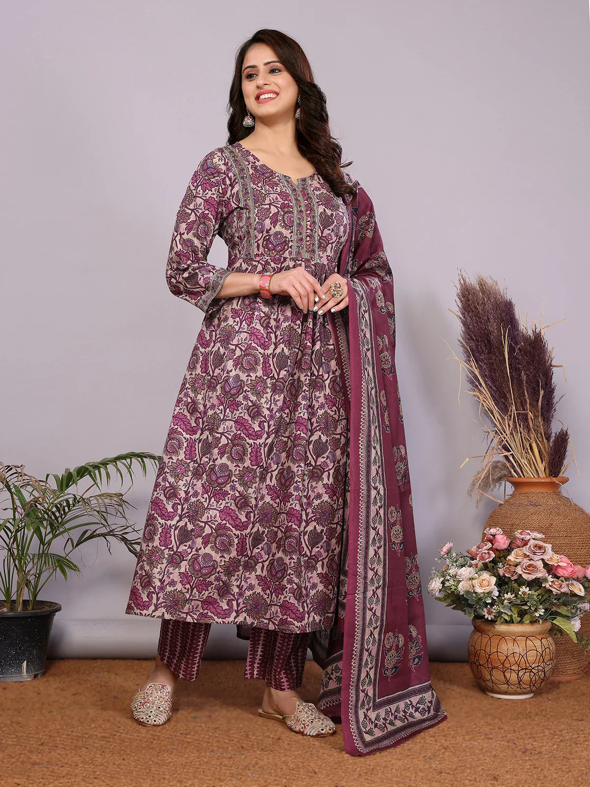 Buy Cotton Embroidered Nayra Style Calf Length Kurta with Pant and Dupatta-Wine