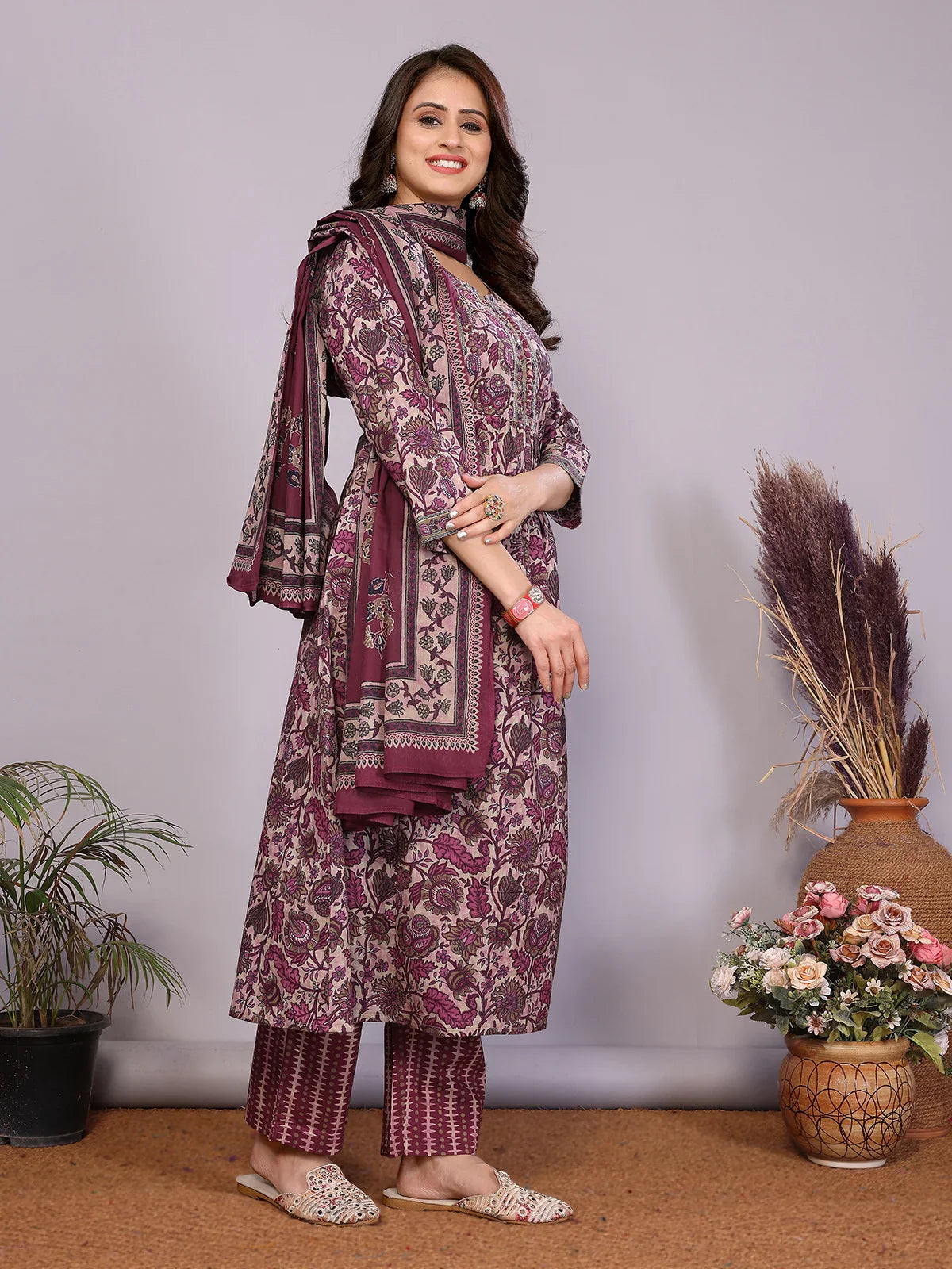 Buy Cotton Embroidered Nayra Style Calf Length Kurta with Pant and Dupatta-Wine