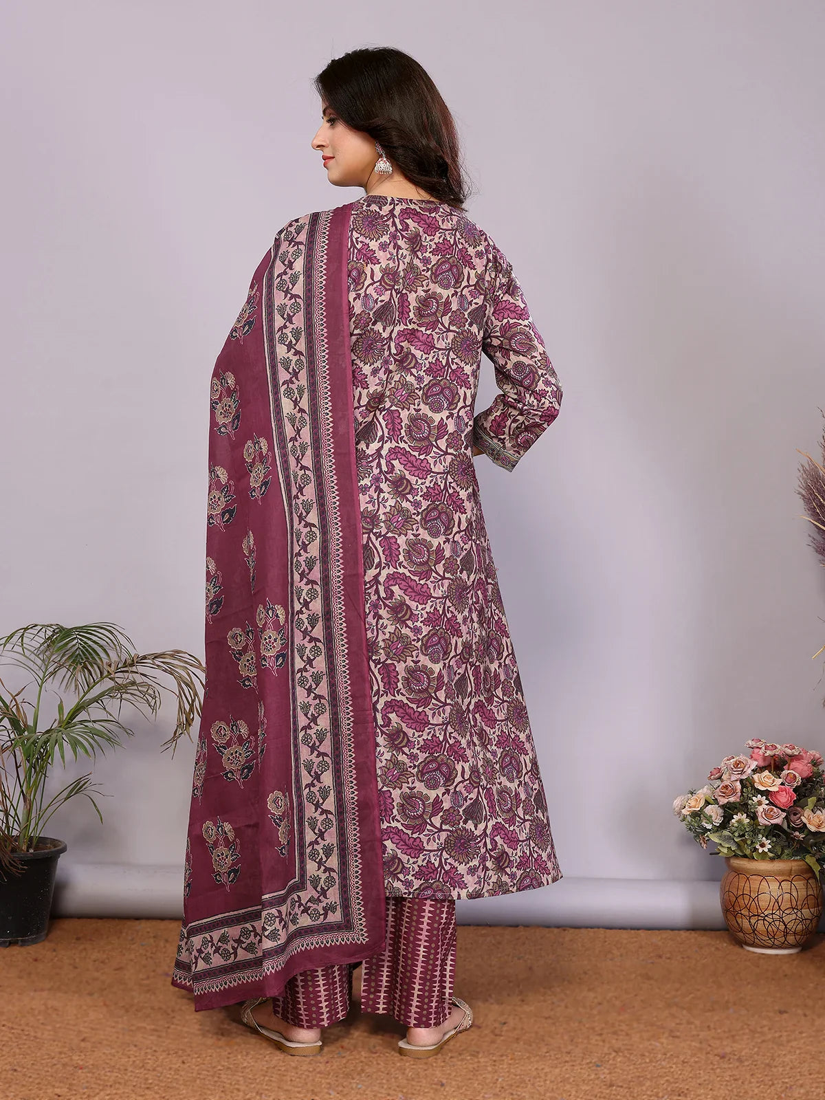 Buy Cotton Embroidered Nayra Style Calf Length Kurta with Pant and Dupatta-Wine