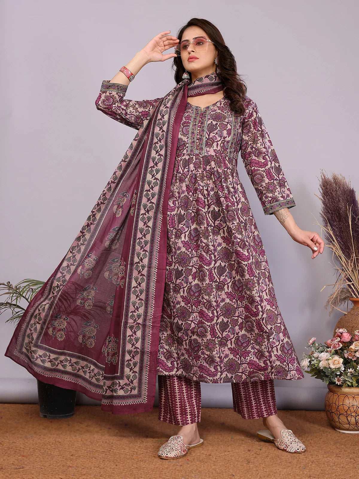 Buy Cotton Embroidered Nayra Style Calf Length Kurta with Pant and Dupatta-Wine