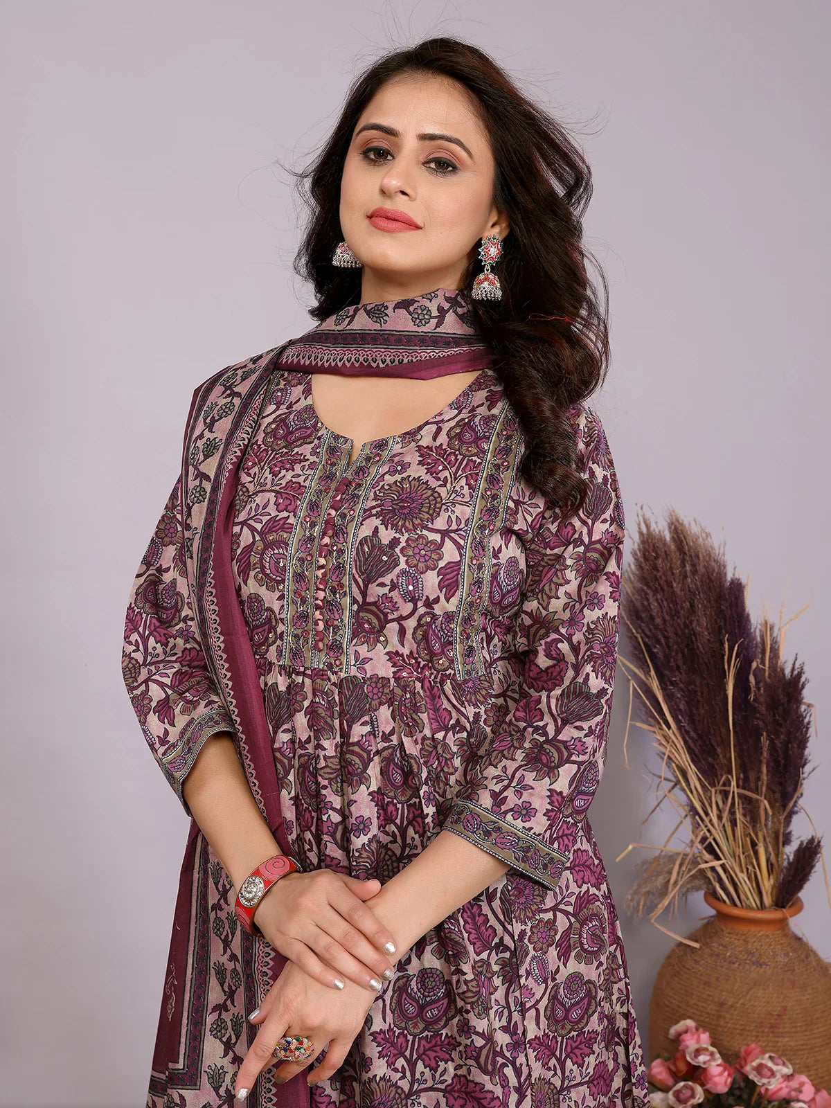 Buy Cotton Embroidered Nayra Style Calf Length Kurta with Pant and Dupatta-Wine