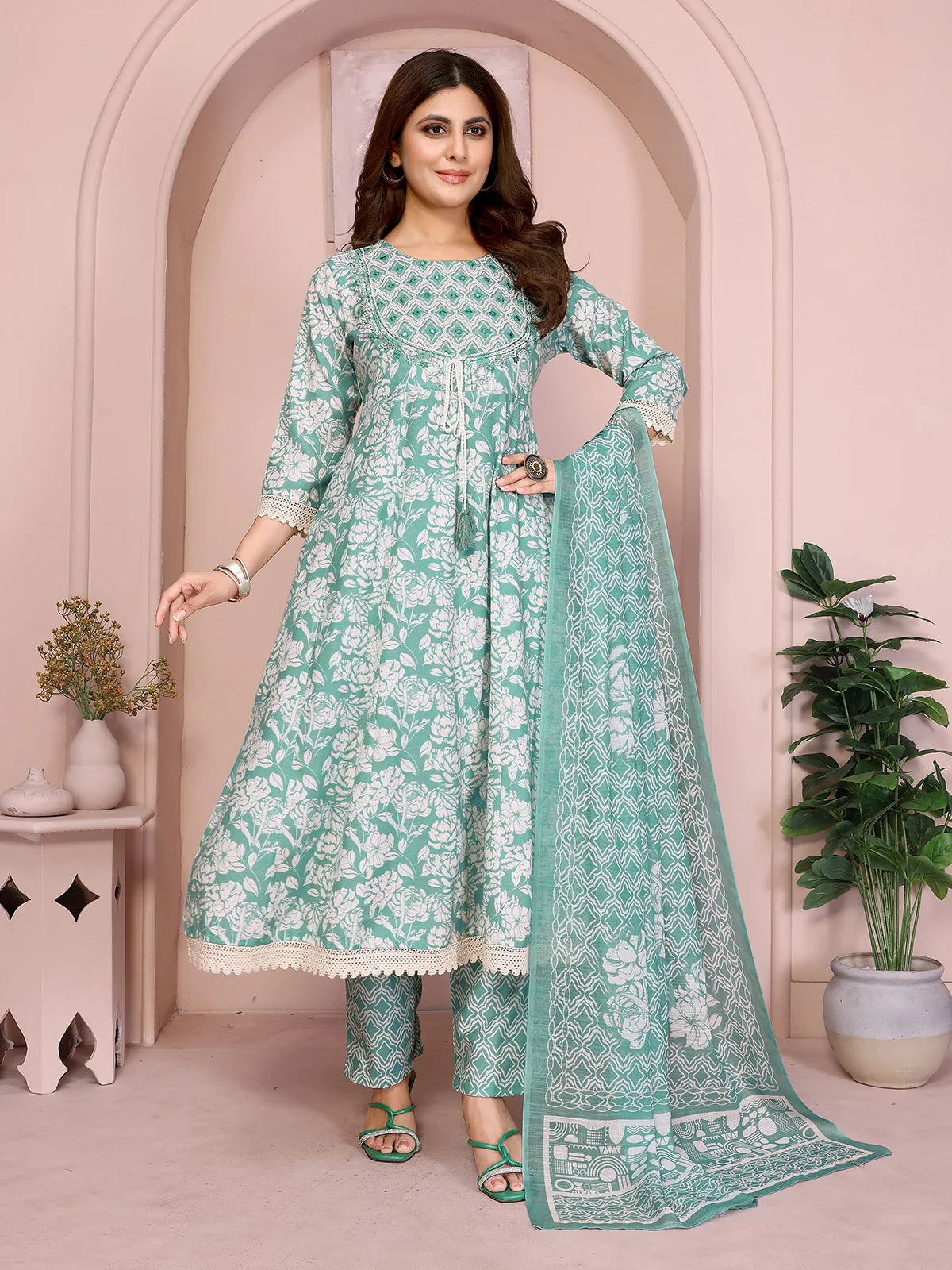 Buy Linen Embroidered Anarkali Calf Length Kurta with Pant and Dupatta-Green