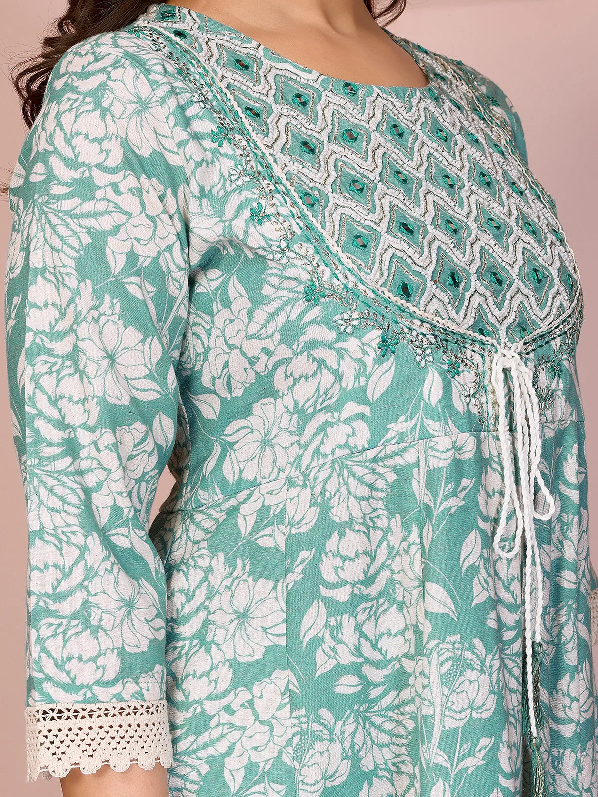 Buy Linen Embroidered Anarkali Calf Length Kurta with Pant and Dupatta-Green