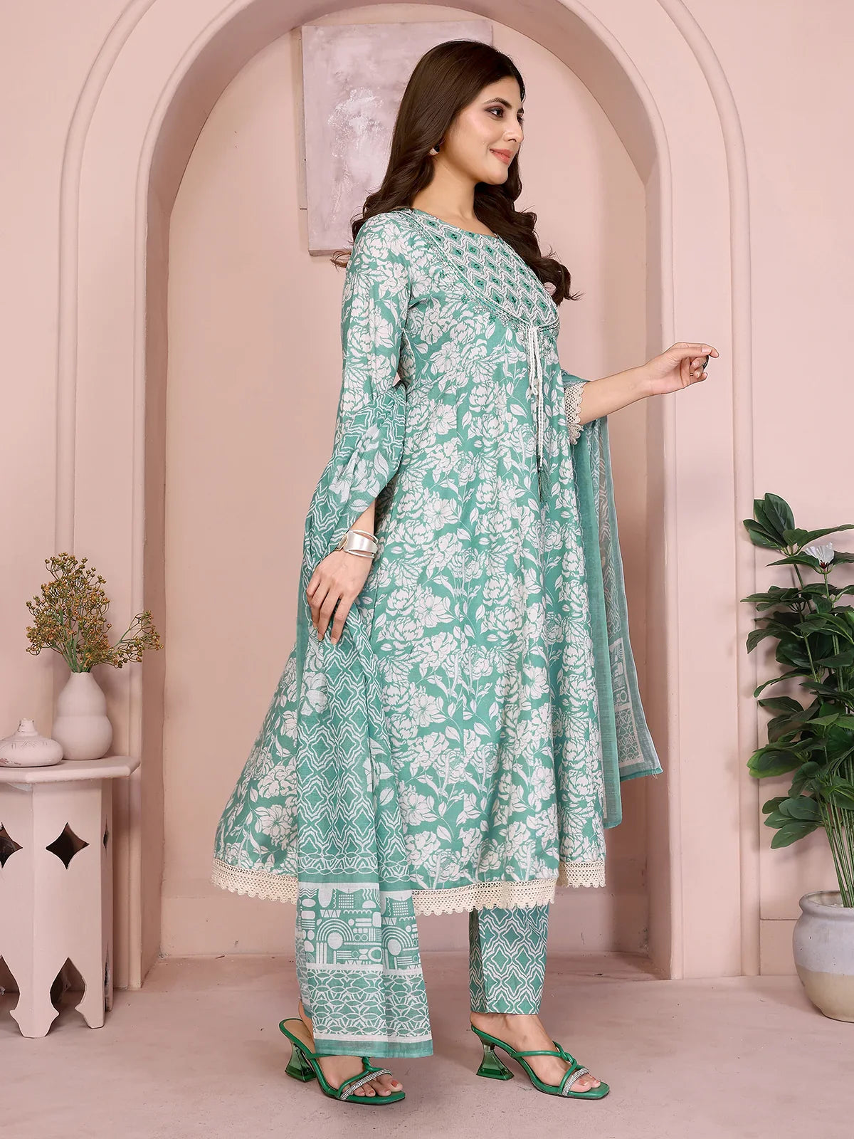 Buy Linen Embroidered Anarkali Calf Length Kurta with Pant and Dupatta-Green