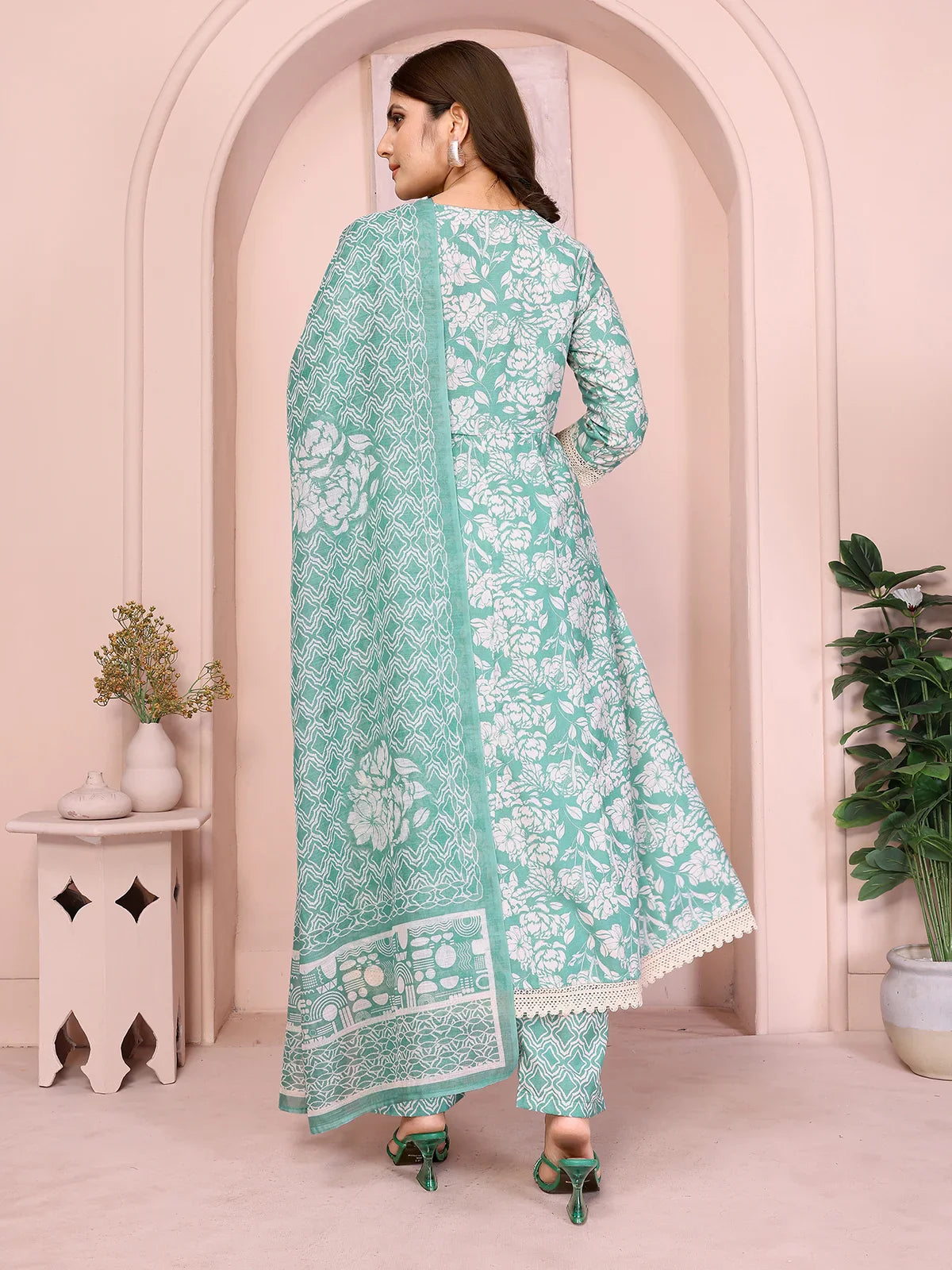 Buy Linen Embroidered Anarkali Calf Length Kurta with Pant and Dupatta-Green