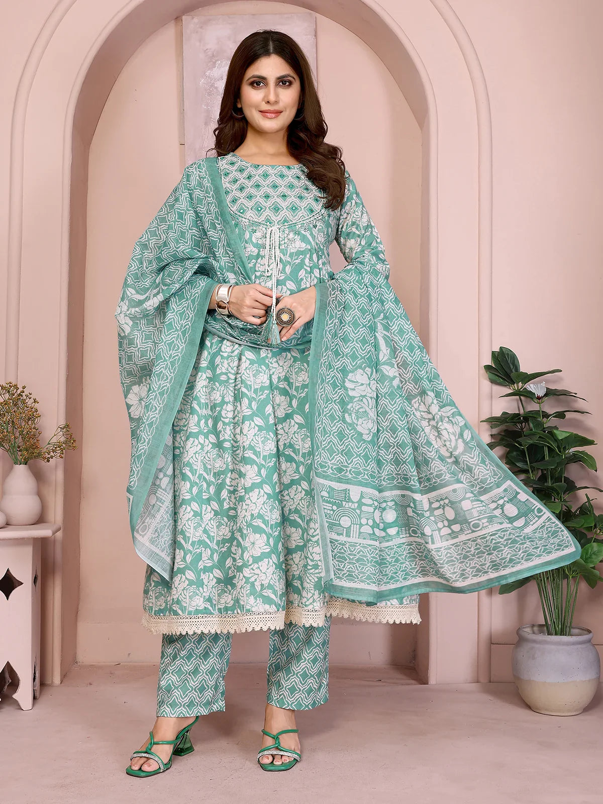 Buy Linen Embroidered Anarkali Calf Length Kurta with Pant and Dupatta-Green