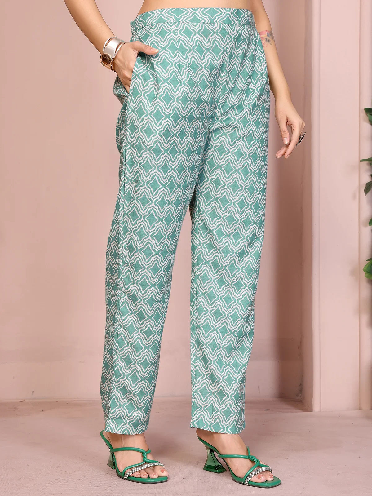 Buy Linen Embroidered Anarkali Calf Length Kurta with Pant and Dupatta-Green