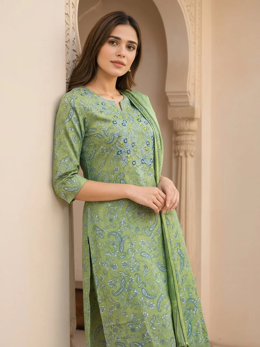 Buy Cotton Blend Embroidered Straight Calf Length Kurta with Pant and Dupatta-Lime Green