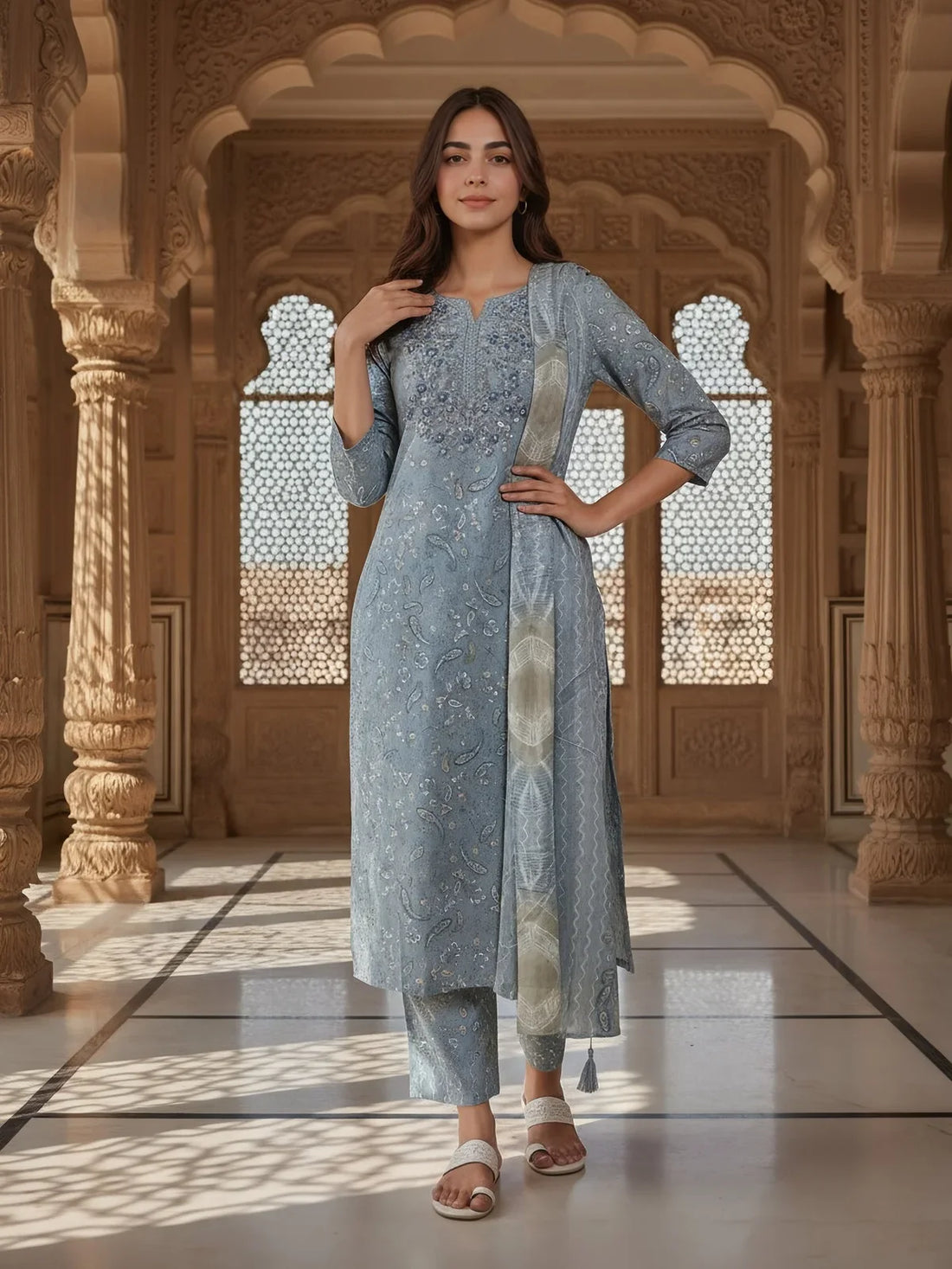 Buy Cotton Blend Embroidered Straight Calf Length Kurta with Pant and Dupatta-Grey