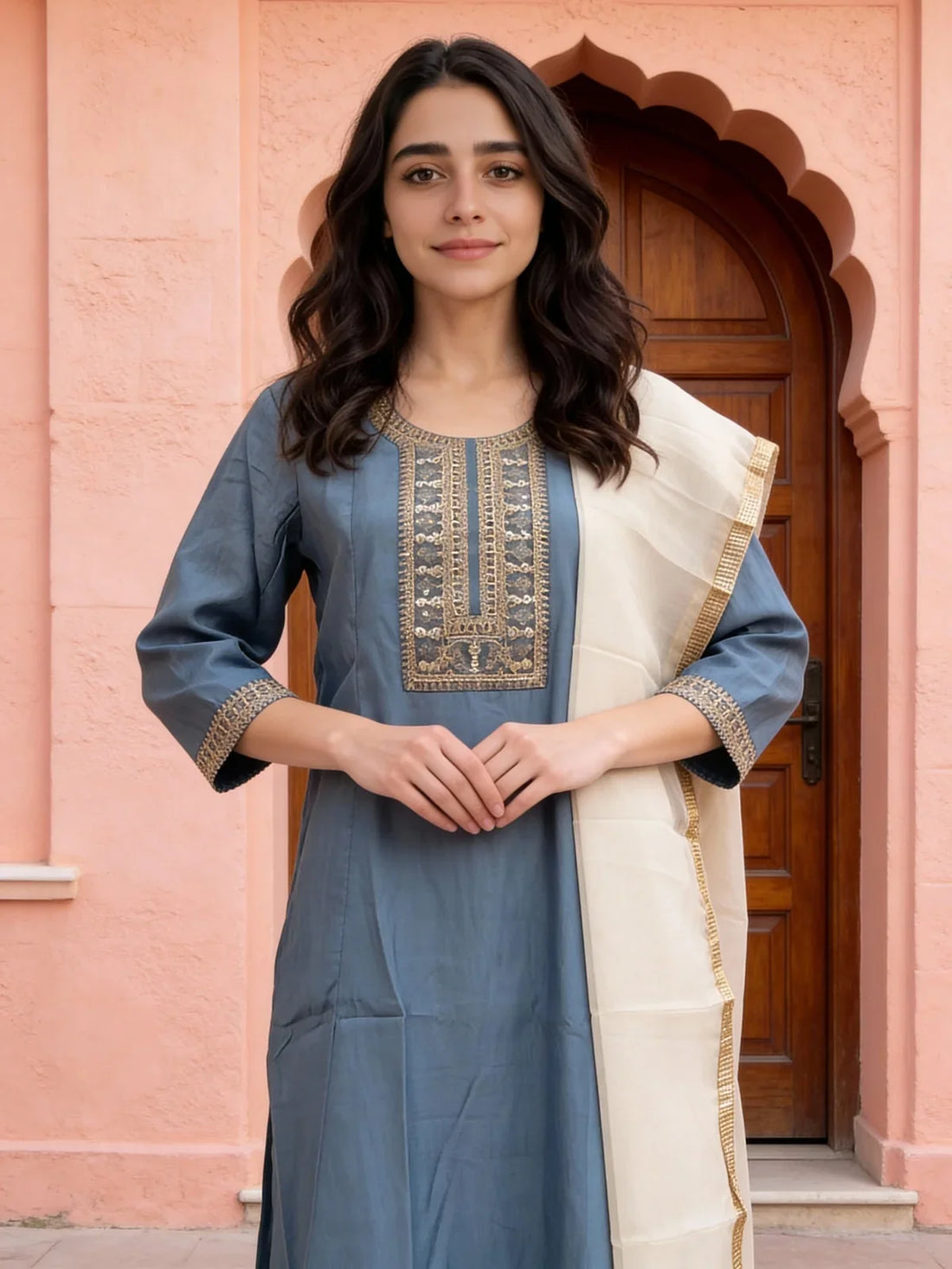 Buy Poly Viscose Embroidered Anarkali Calf Length Kurta with Pant and Dupatta-Grey