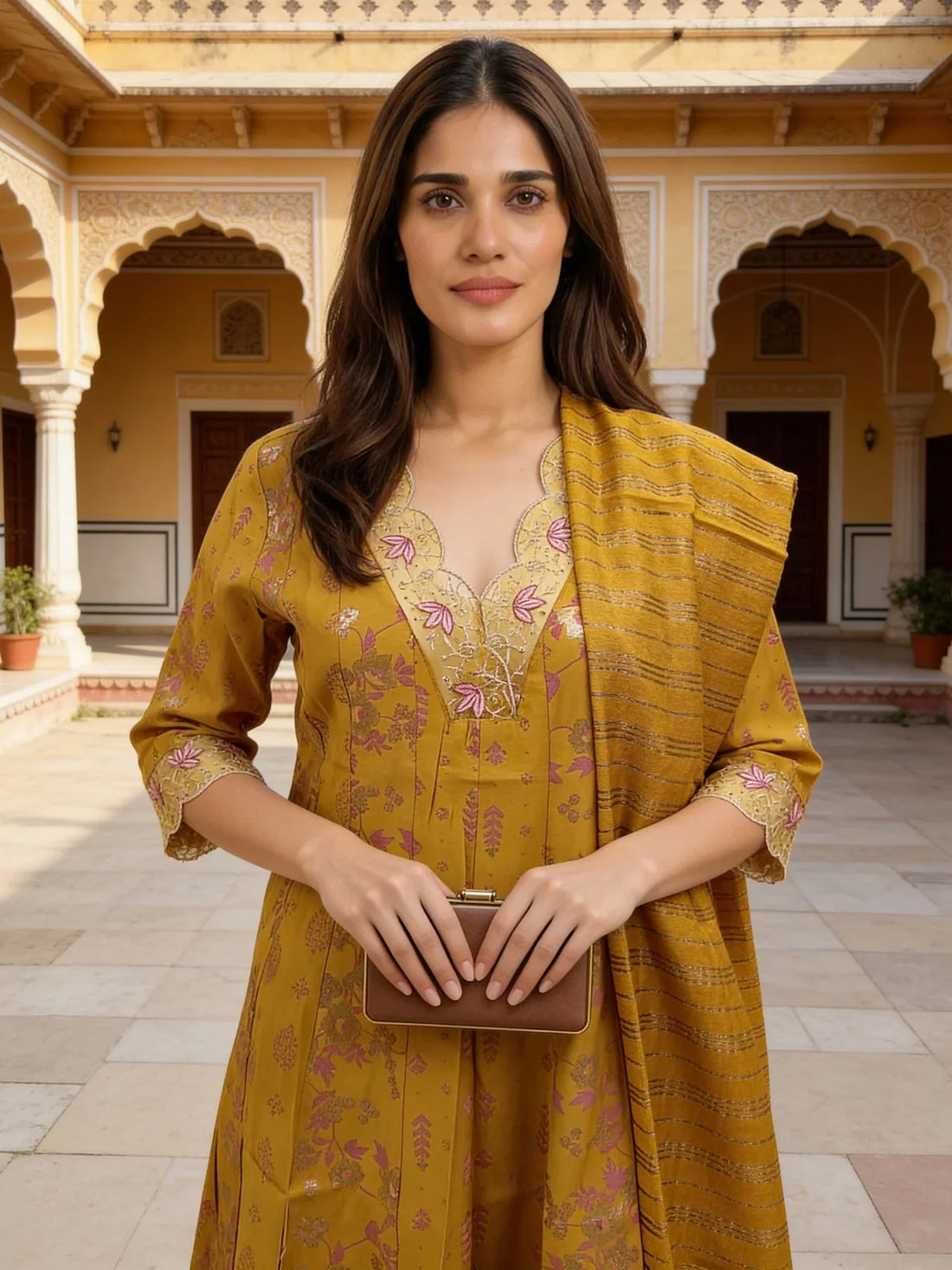 Buy Poly Viscose Embroidered Anarkali Calf Length Kurta with Pant and Dupatta-Mustard