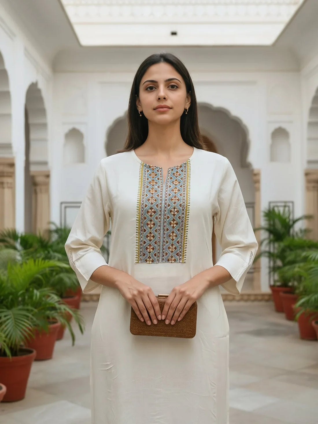 Buy Rayon Slub Embroidered Straight Calf Length Kurta-Off White