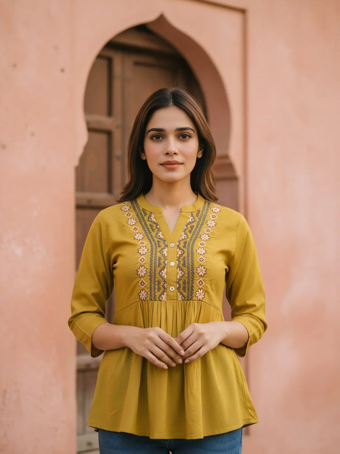 Buy Rayon Embroidered A-Line Short length Short Kurti-Mustard