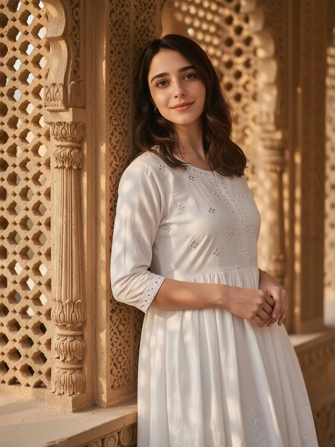 Buy Cotton Embroidered Anarkali Calf Length Kurta-Off White