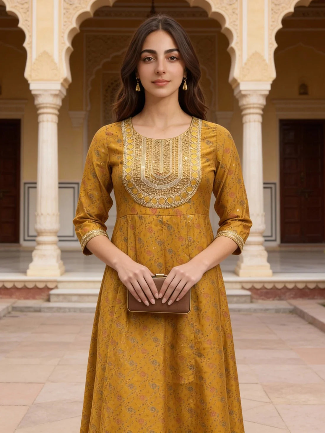 Buy Poly Viscose Embroidered Anarkali Calf Length Kurta-Mustard