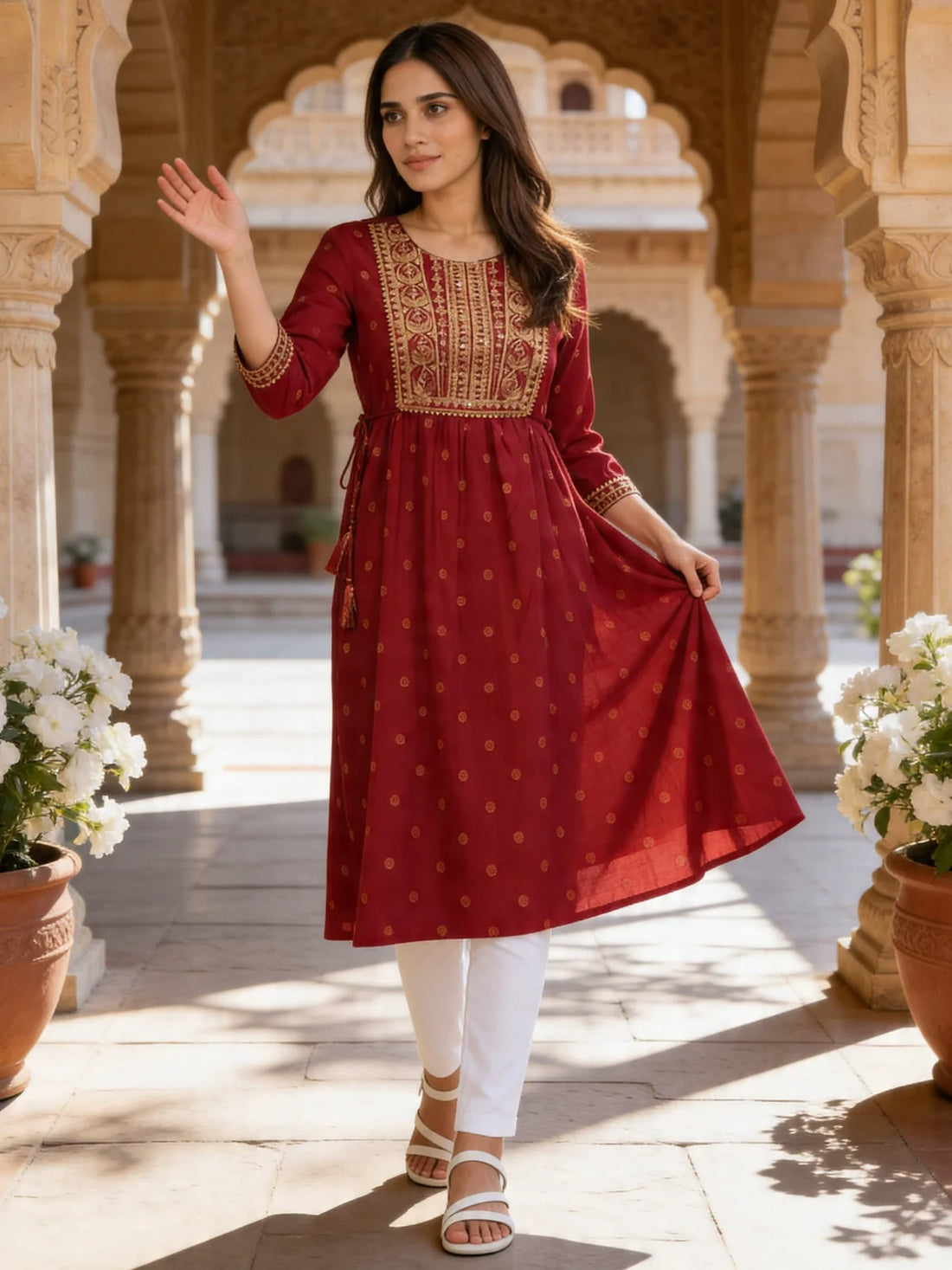 Buy Rayon Embroidered Flared Knee Length Kurta-Fuchsia