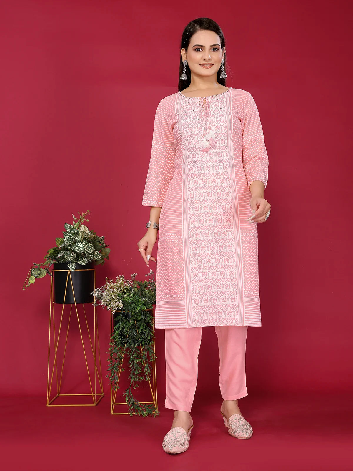 Buy Rayon Embroidered Straight Knee Length Kurta with Pant-Peach