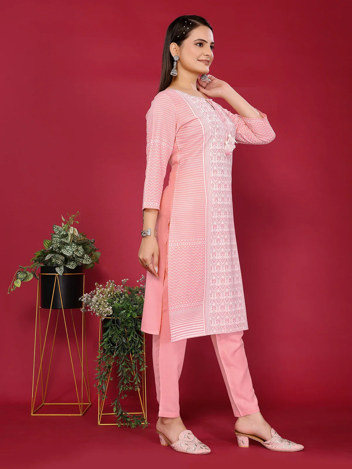 Buy Rayon Embroidered Straight Knee Length Kurta with Pant-Peach