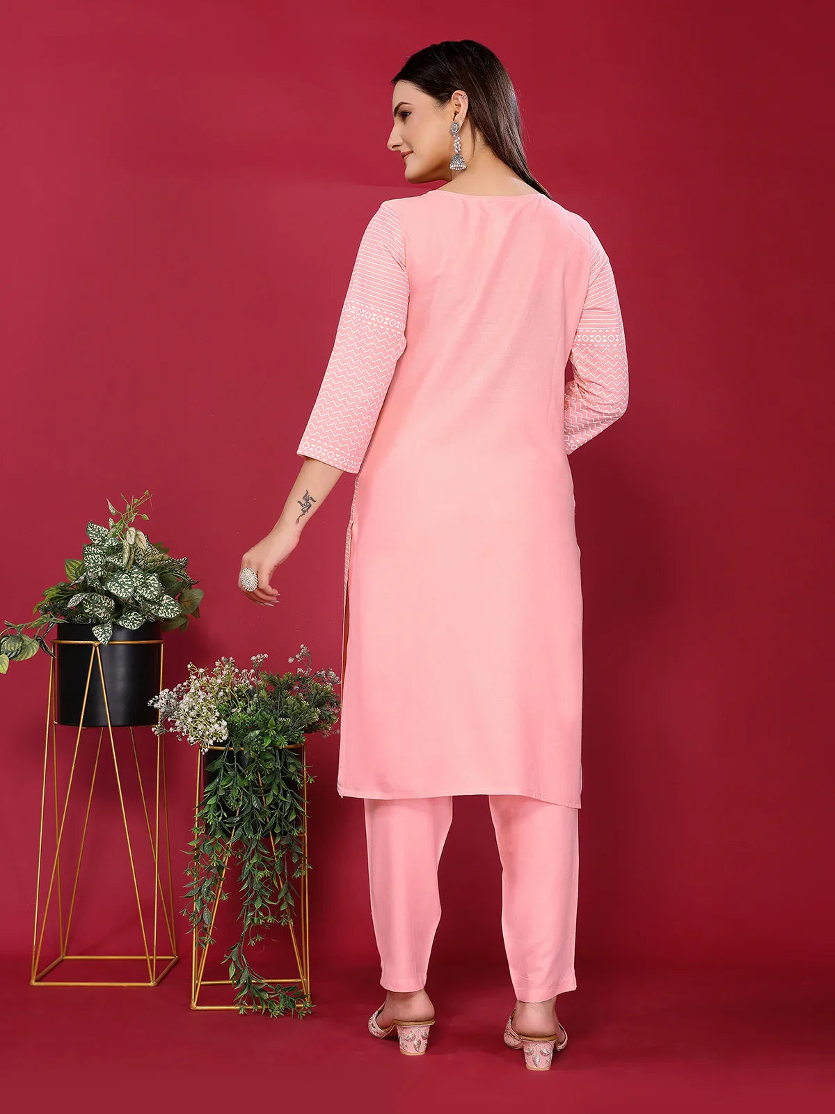 Buy Rayon Embroidered Straight Knee Length Kurta with Pant-Peach