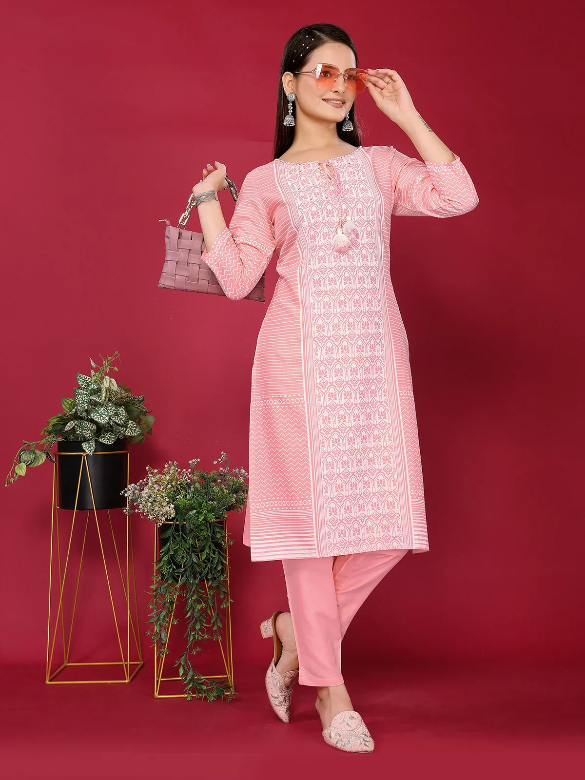 Buy Rayon Embroidered Straight Knee Length Kurta with Pant-Peach