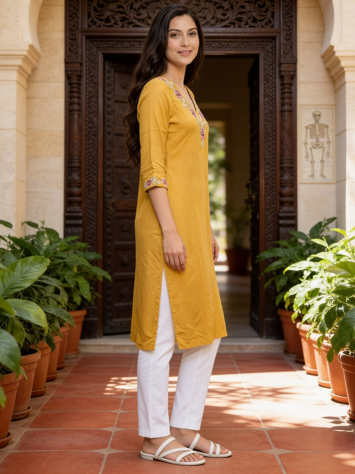 Rayon Embroidered Straight Calf Length Kurta
