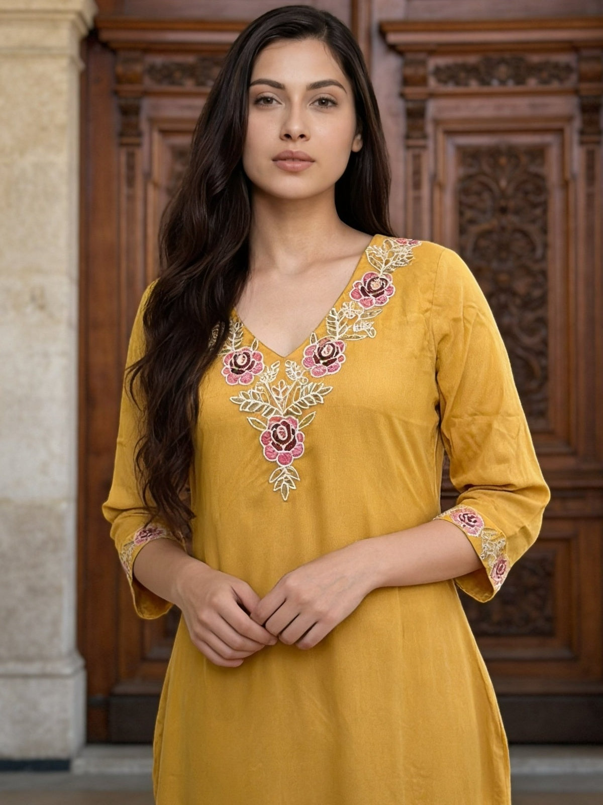 Rayon Embroidered Straight Calf Length Kurta