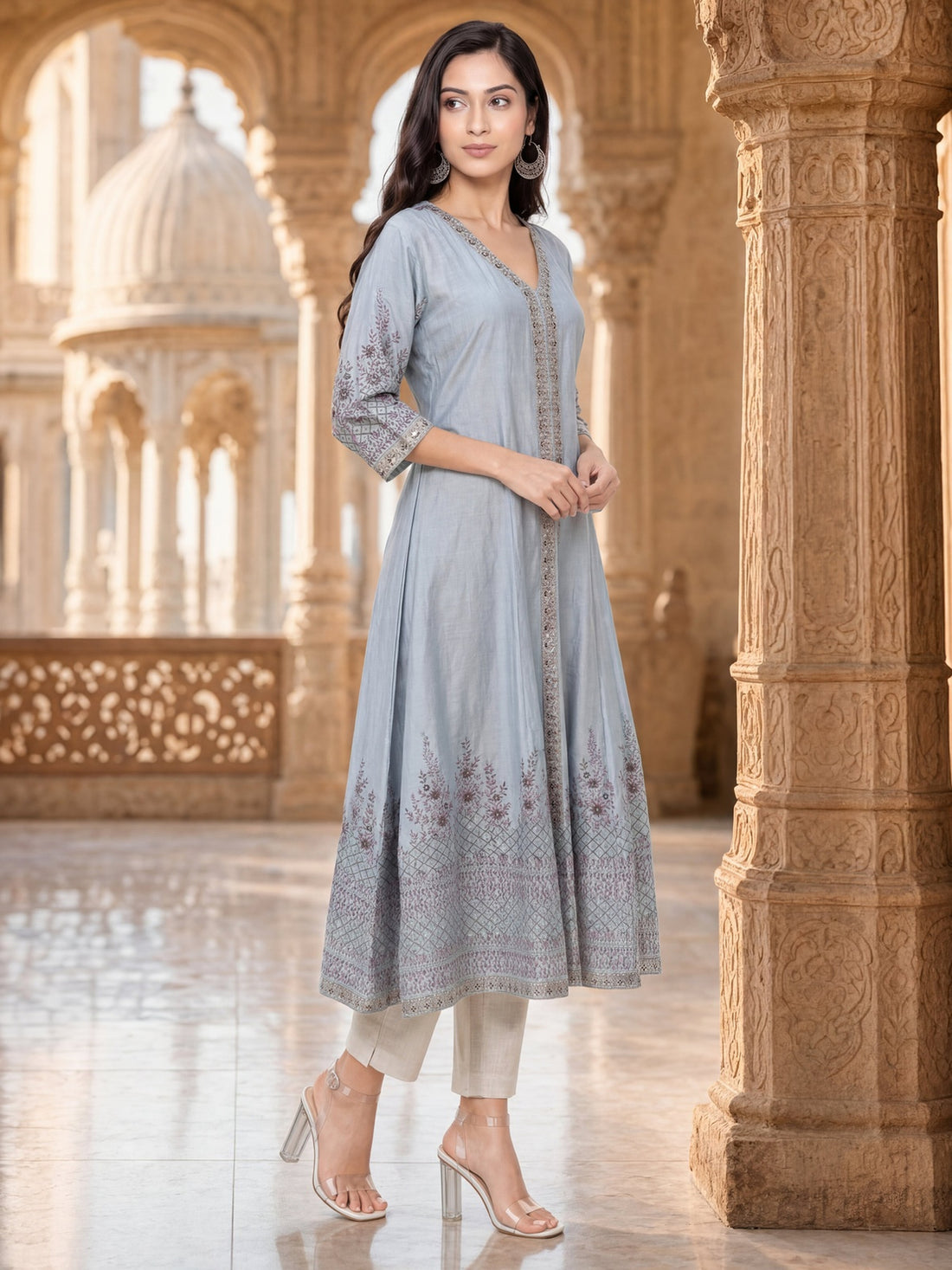 Buy Viscose Embroidered Flared Calf Length Kurta-Blue