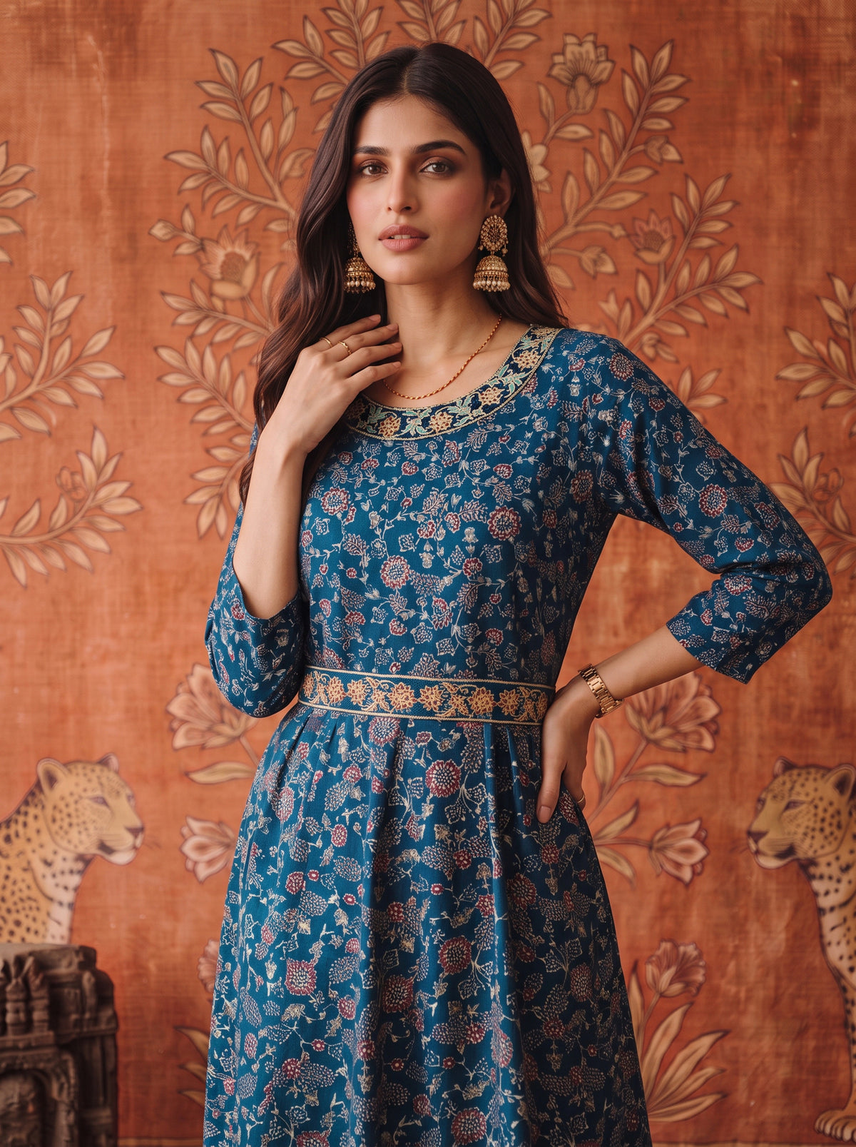 Rayon Embroidered Flared Calf Length Kurta