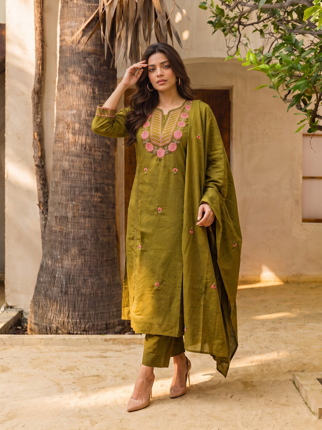 Buy Cotton Embroidered A-Line Calf Length Kurta With Pant-Green