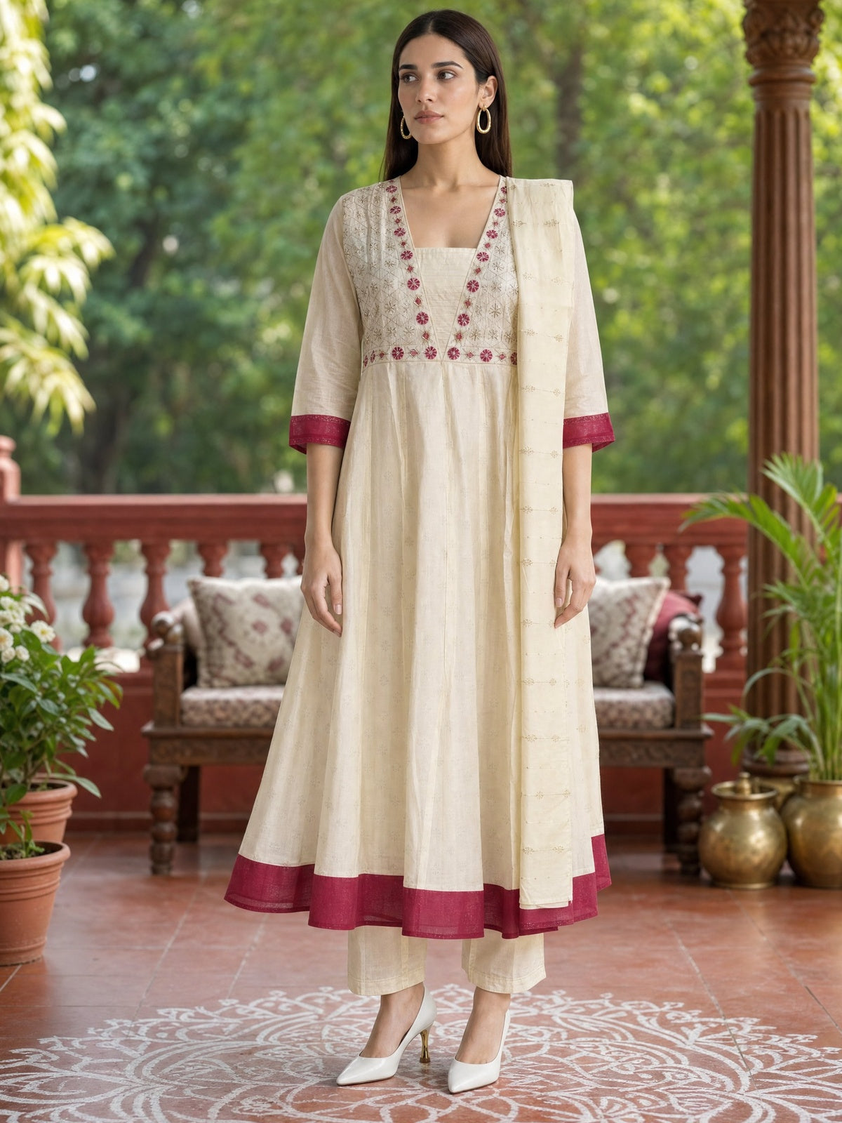 Viscose Embroidered Anarkali Calf Length Kurta With Pant and Dupatta