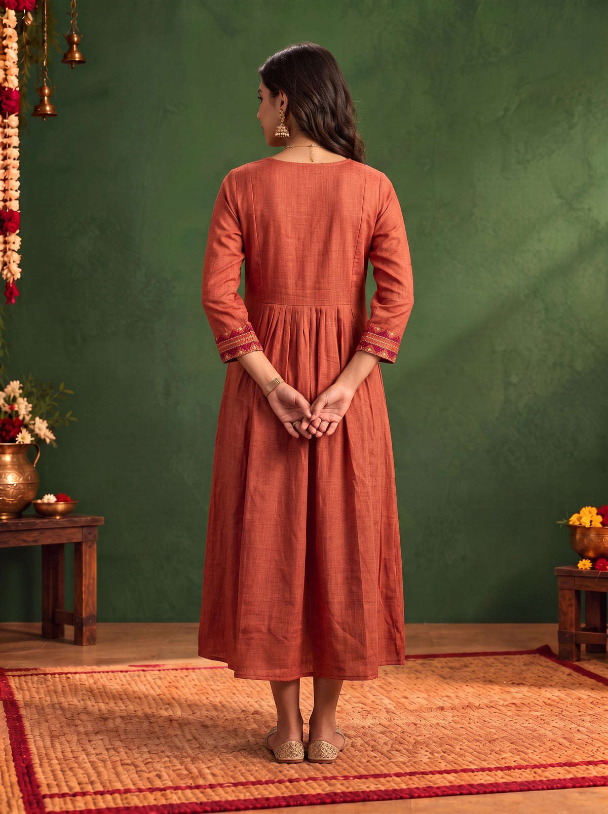 Viscose Embroidered Flared Calf Length Dress