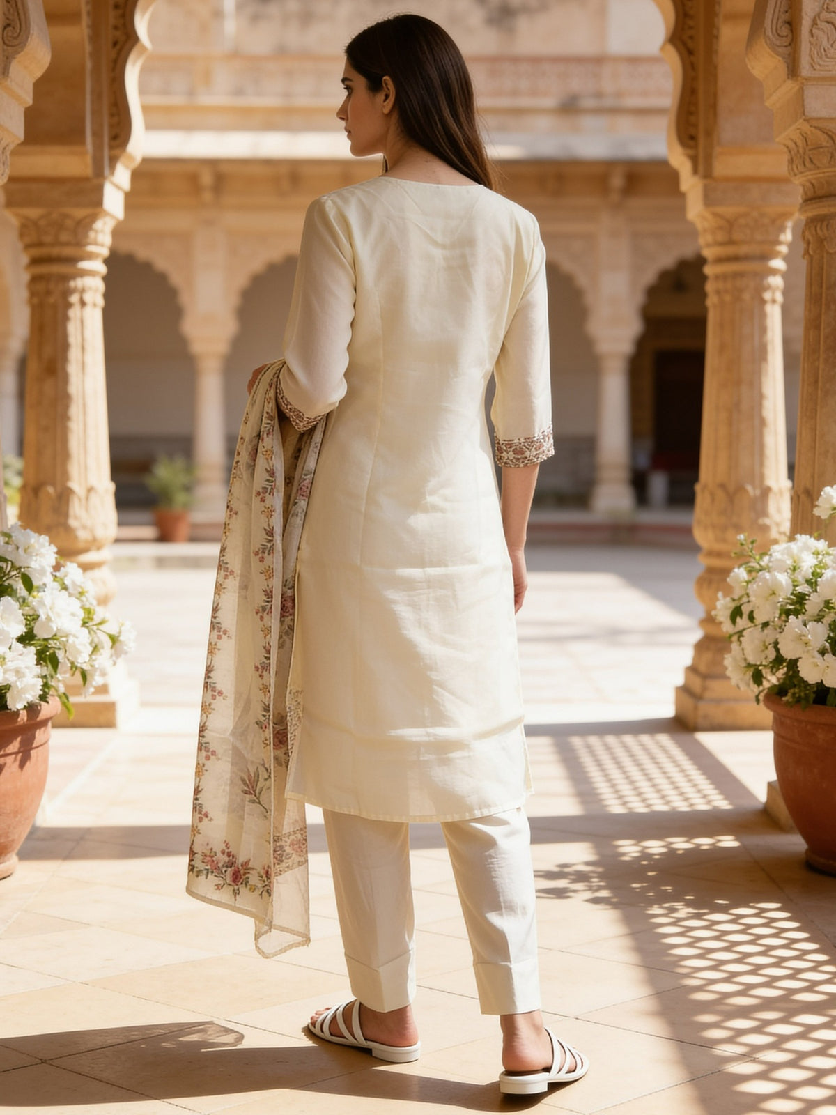 Viscose Embroidered Straight Calf Length Kurta With Pant and Dupatta