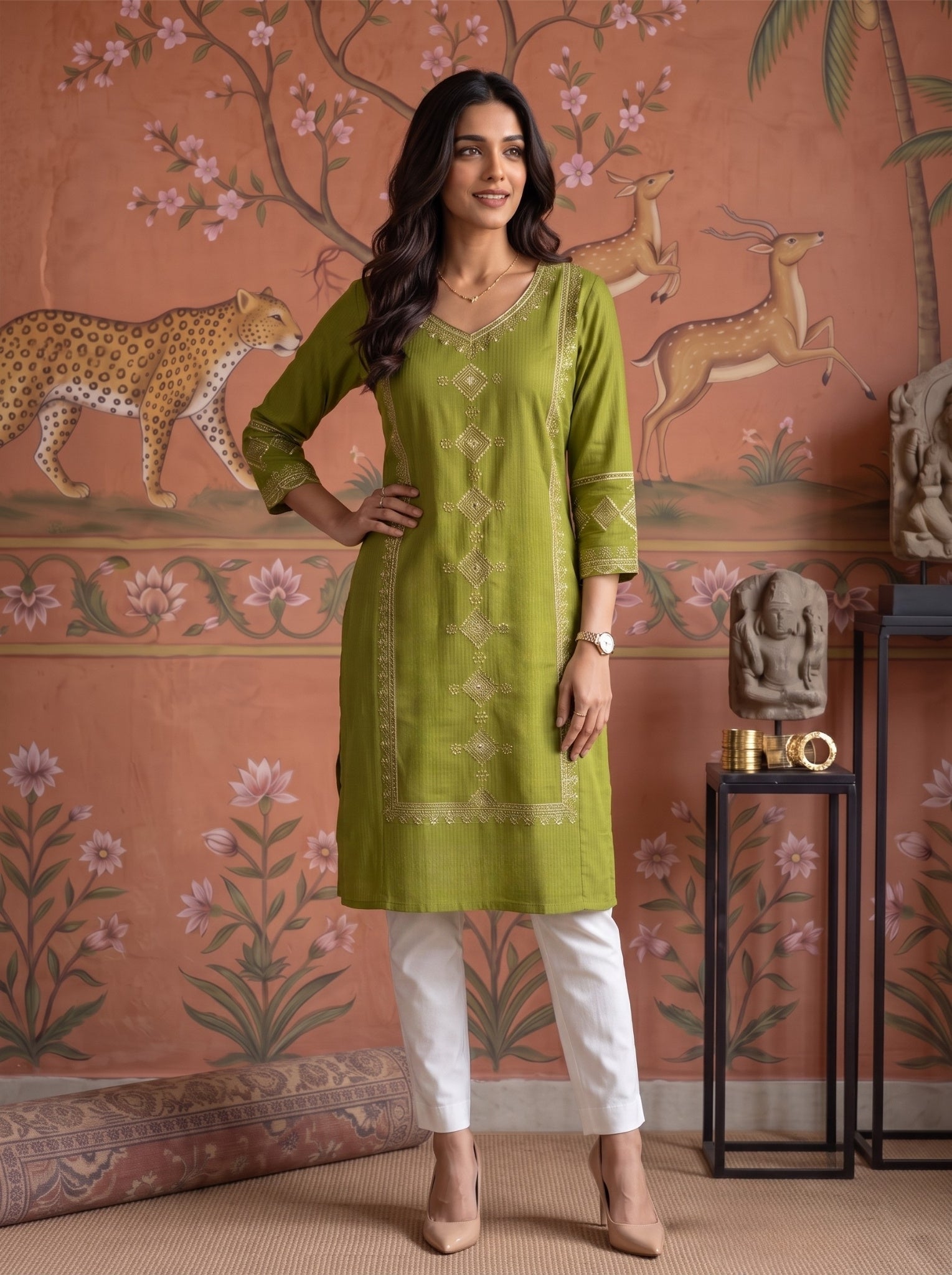 Viscose Embroidered Straight Calf Length Kurta