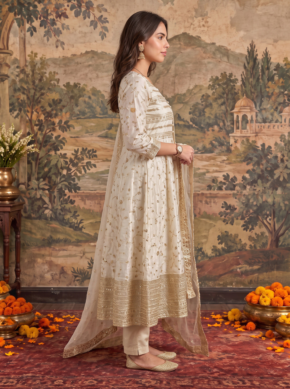 Viscose Embroidered Flared Calf Length Kurta With Pant and Dupatta